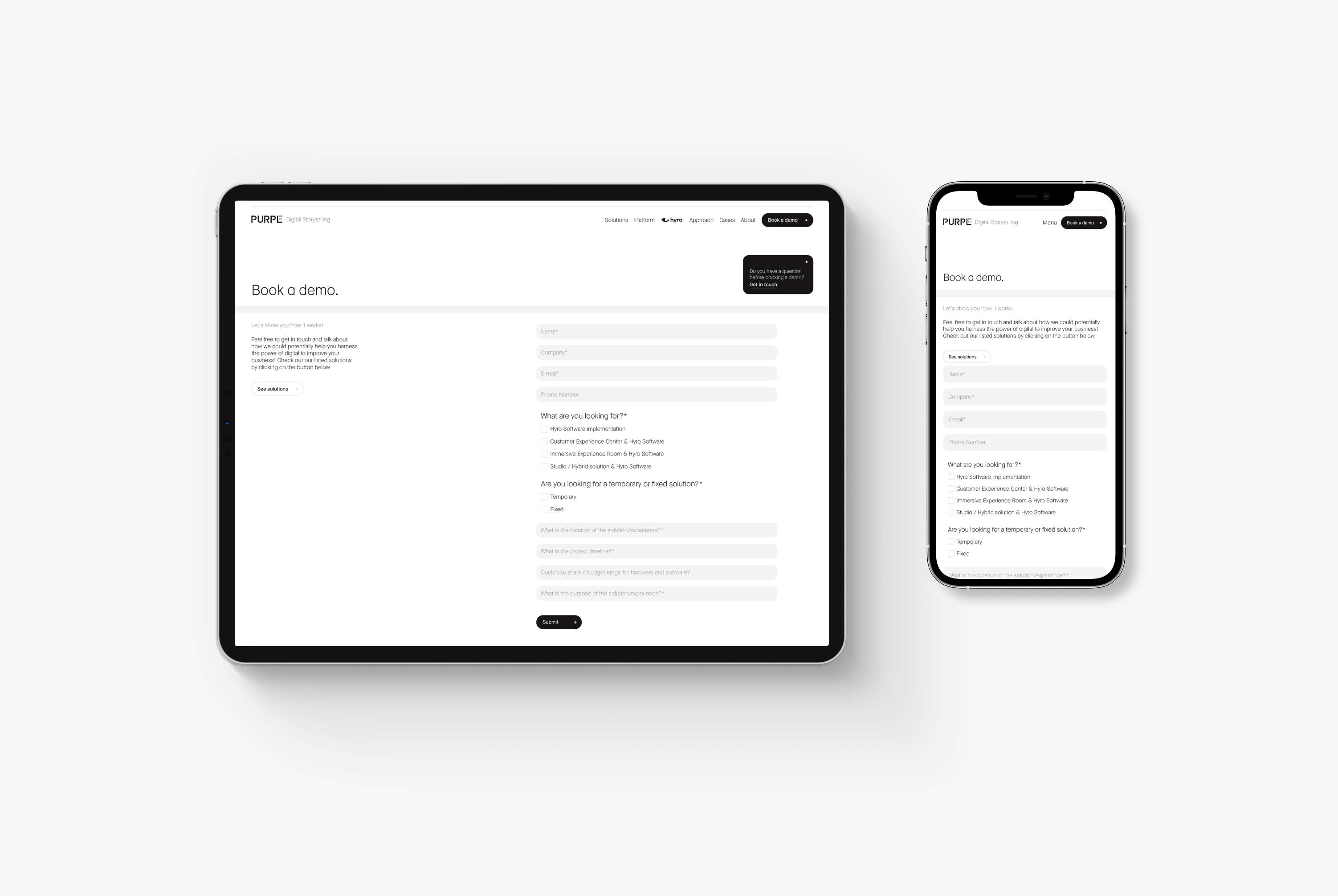 A tablet and phone showing Purple's book a demo form page