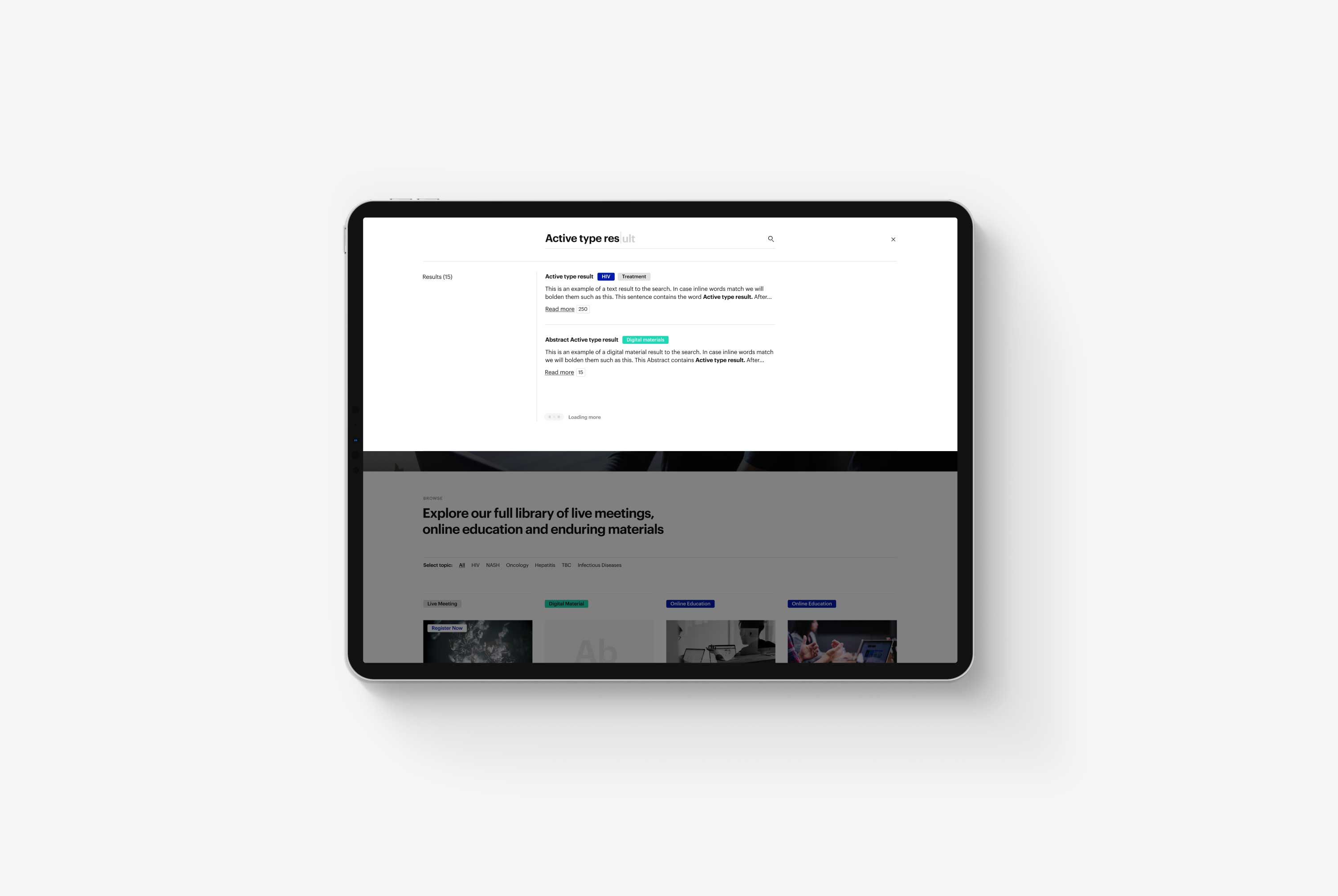A tablet on a grey background showing the Academic Medical Education quick search results design