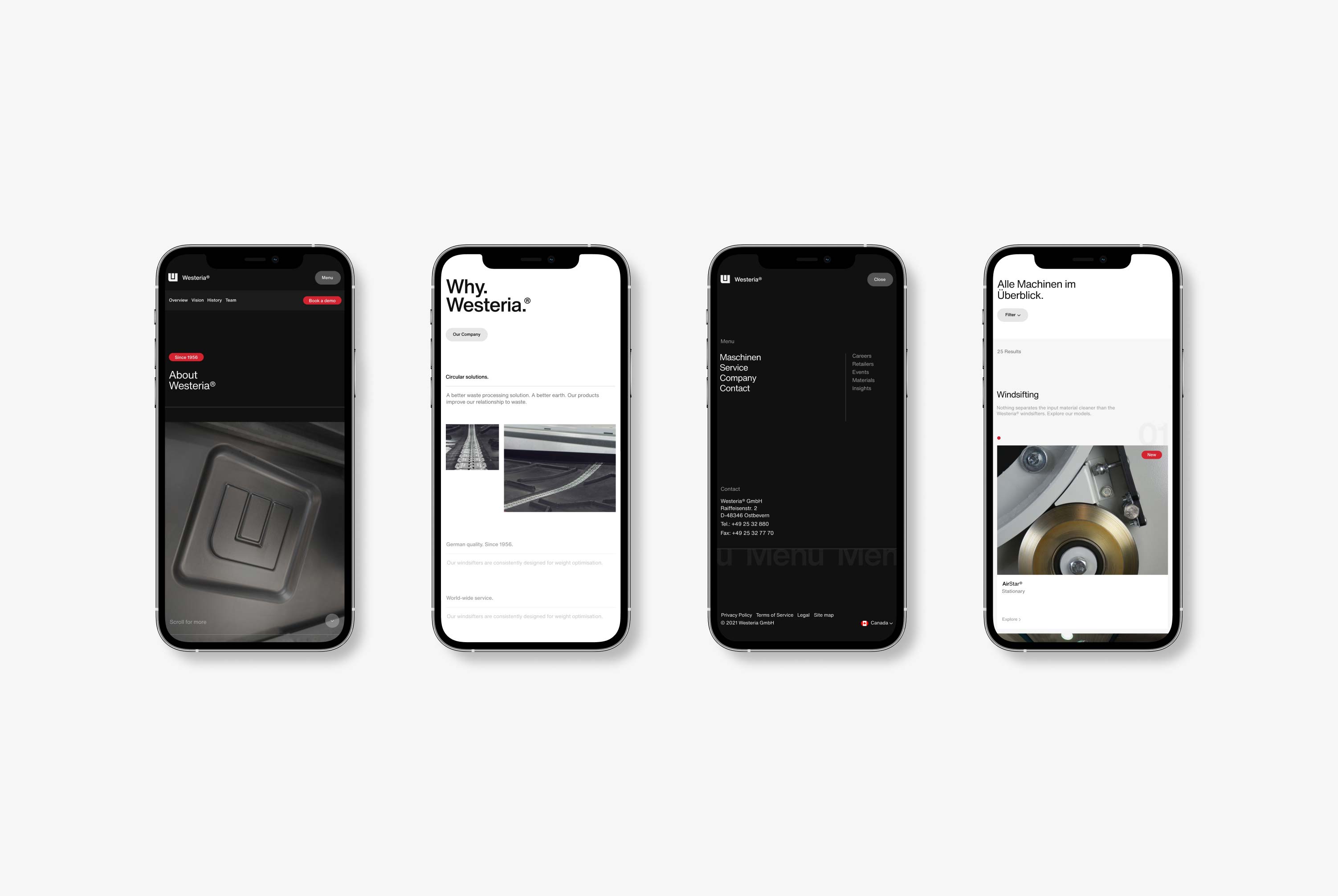 Four phones on a grey background showing the Westeria website design