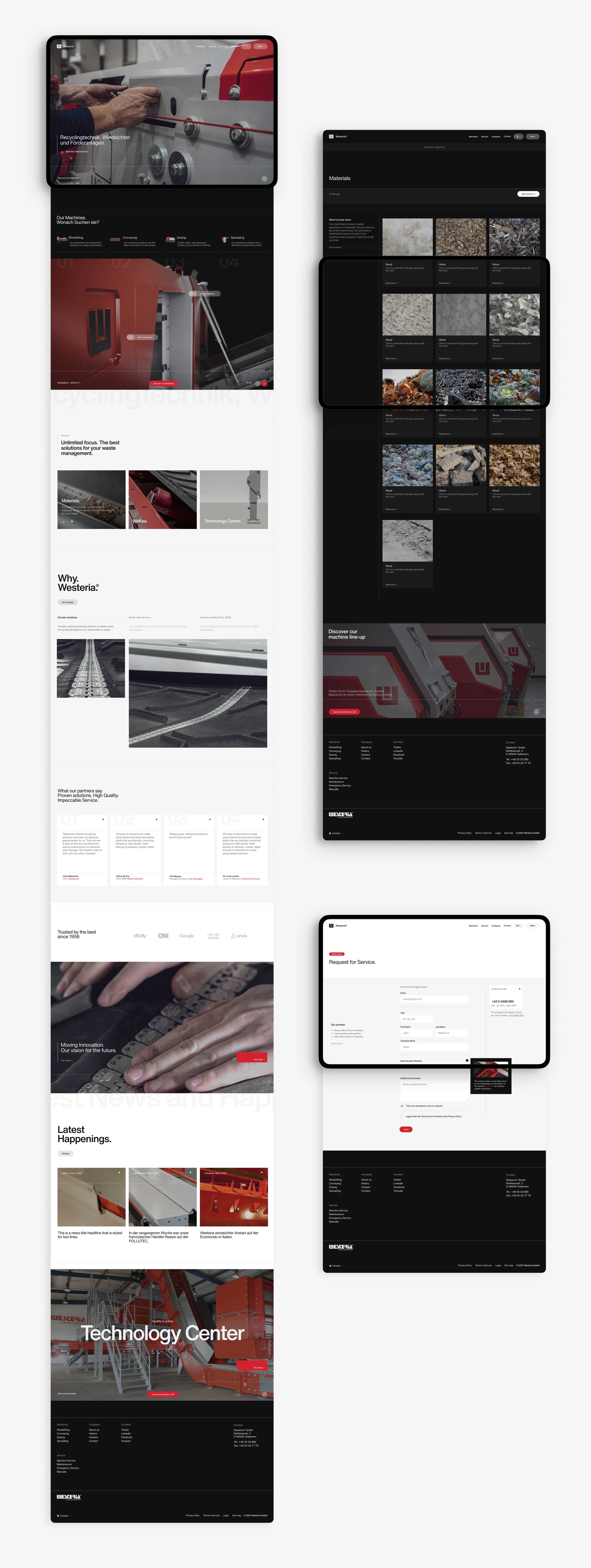 Three tablets showing the full Westeria homepage, materials page, and request for service page