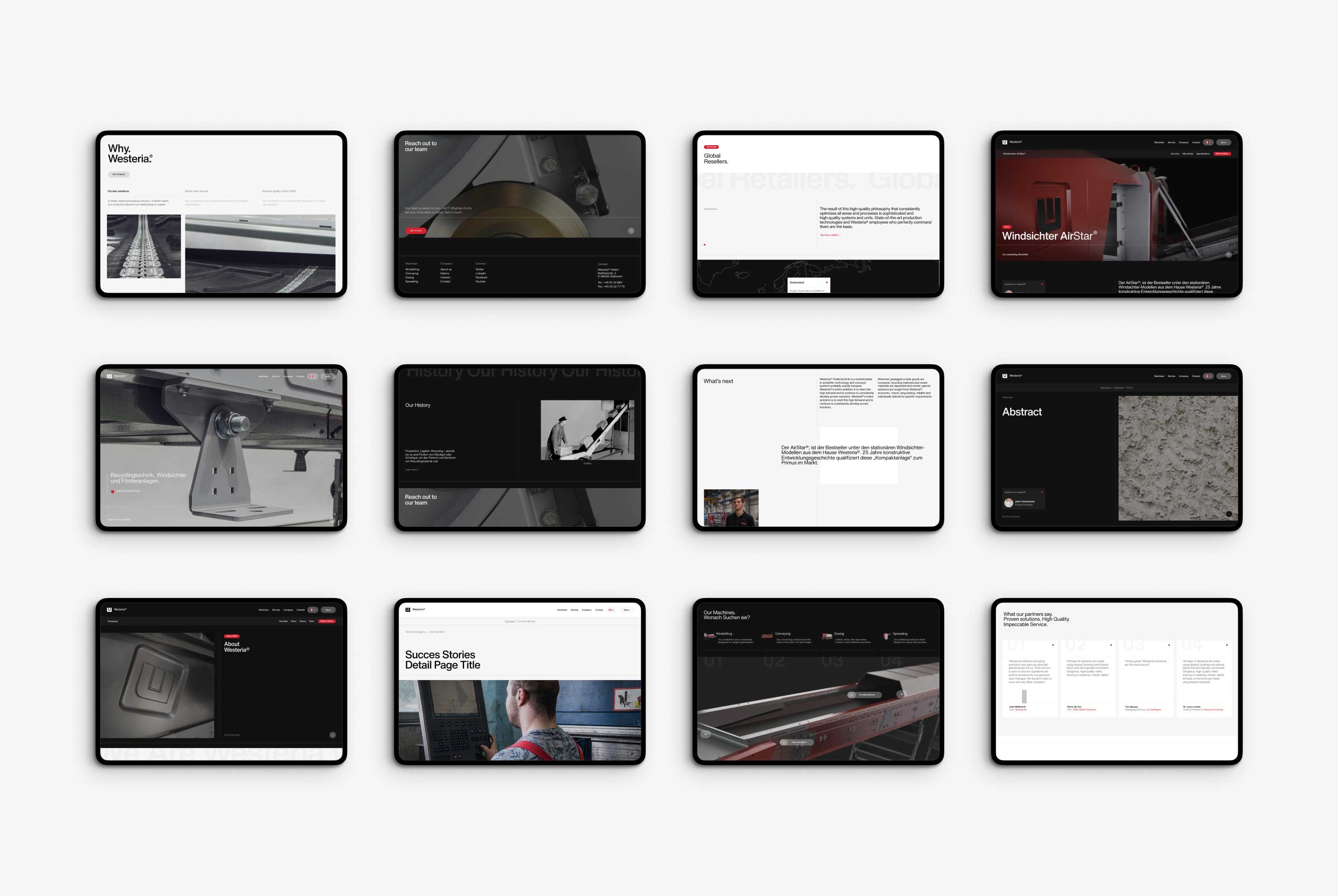 An overview of tablets presenting various screens of Westeria's webdesign
