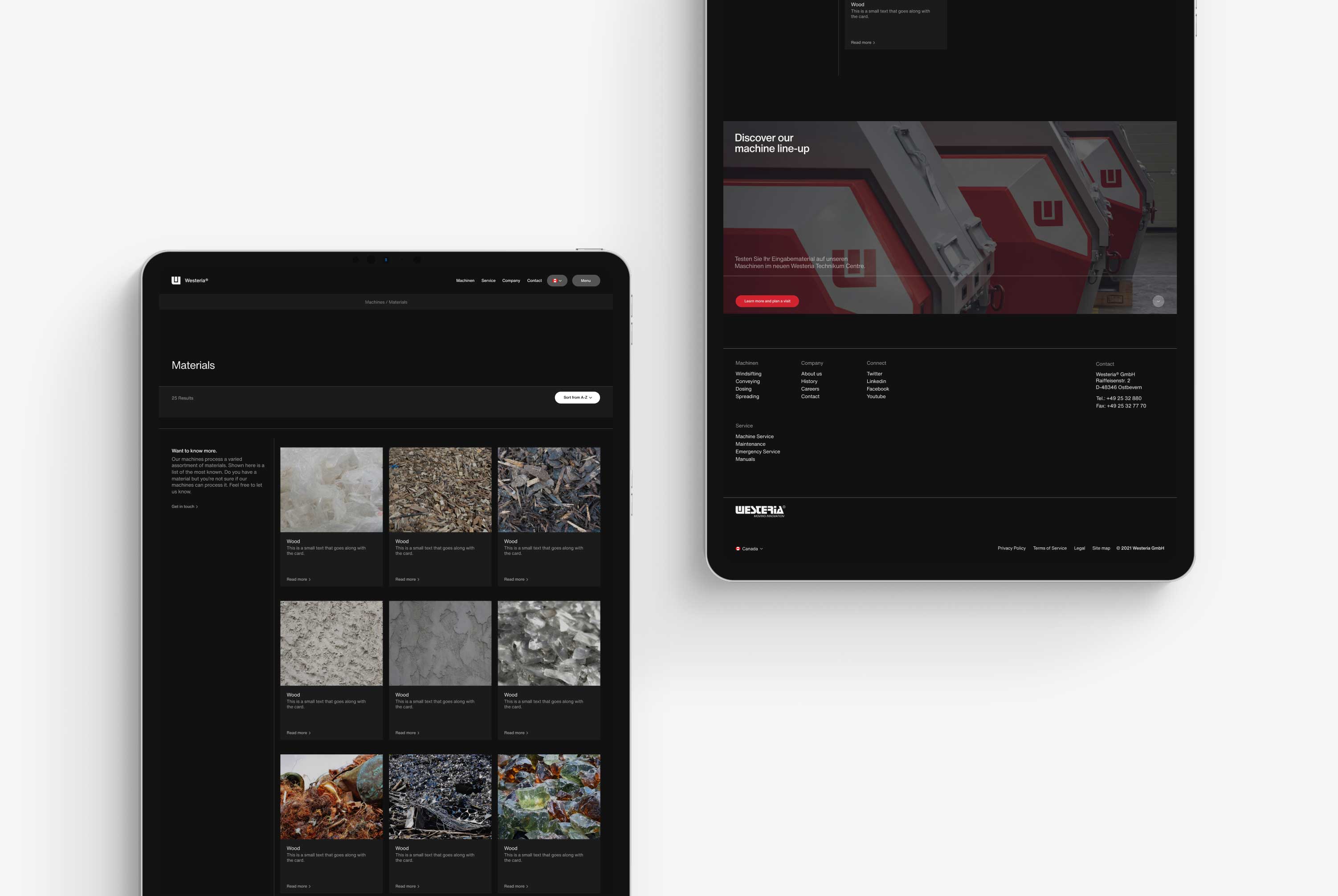 Two tablet on a grey background showing Westeria' Materials page