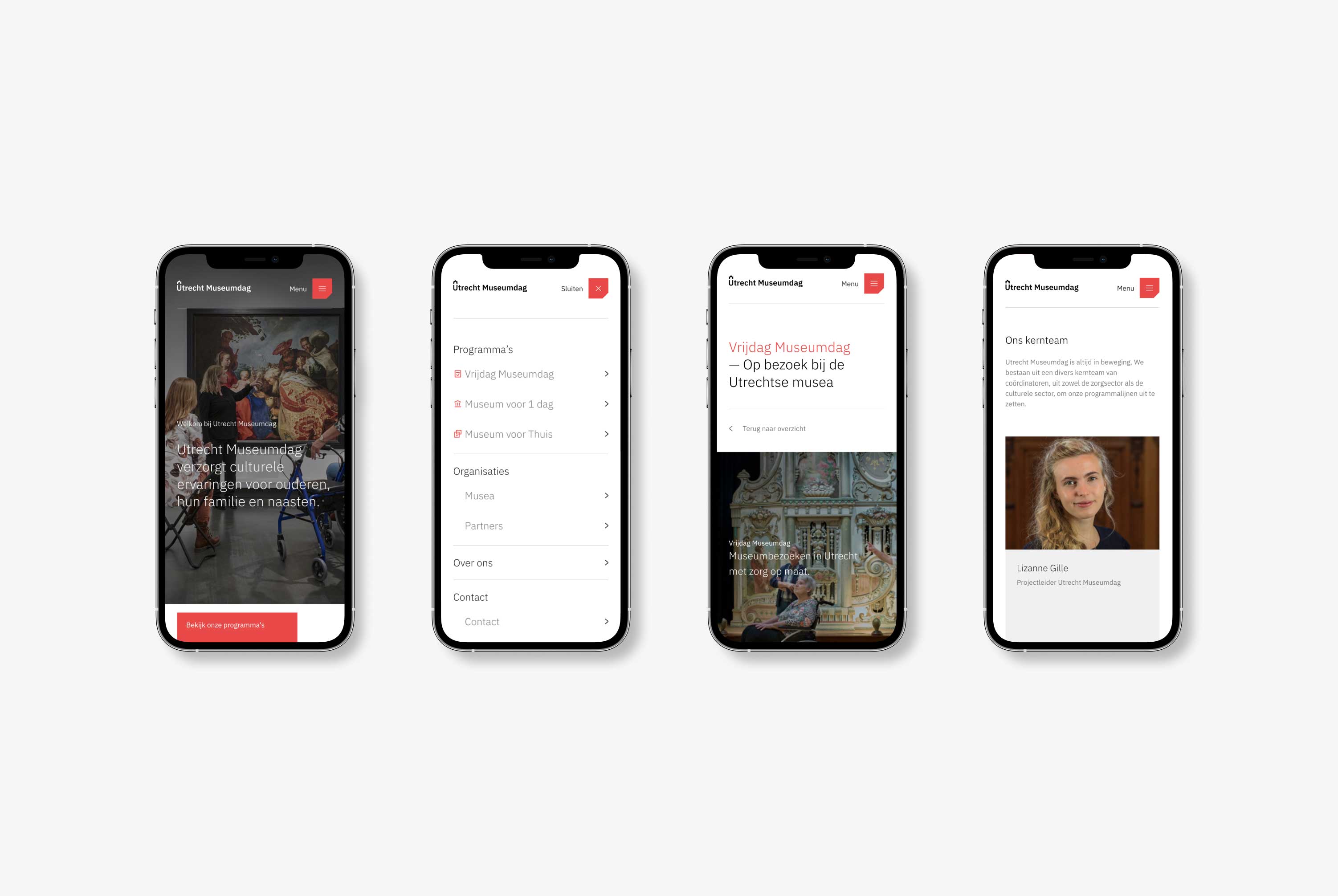Four phones on a grey background showing various screens of the Utrecht Museumdag website