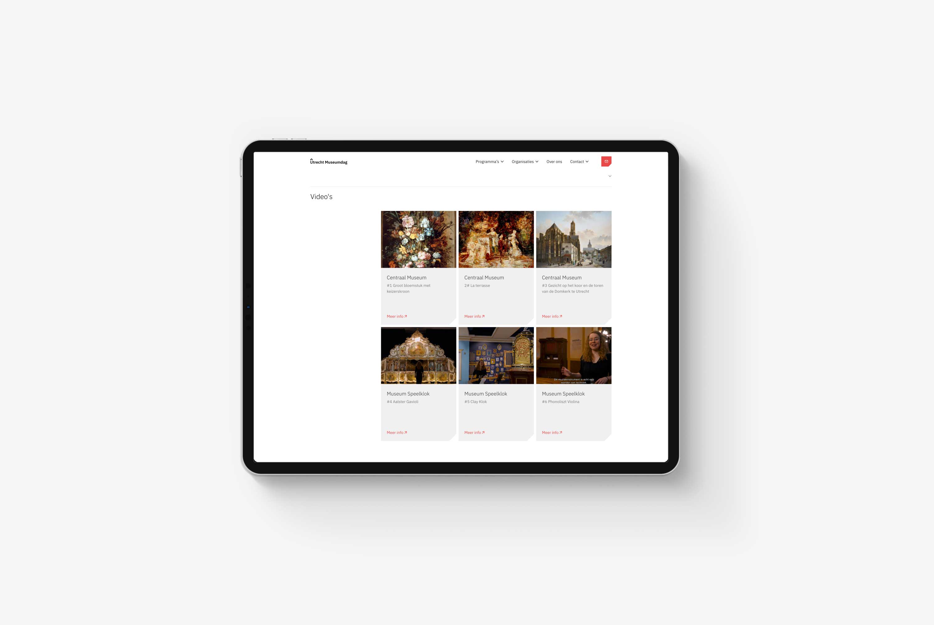 A tablet on a grey background showing a page with Videos of the Utrecht Museumdag website