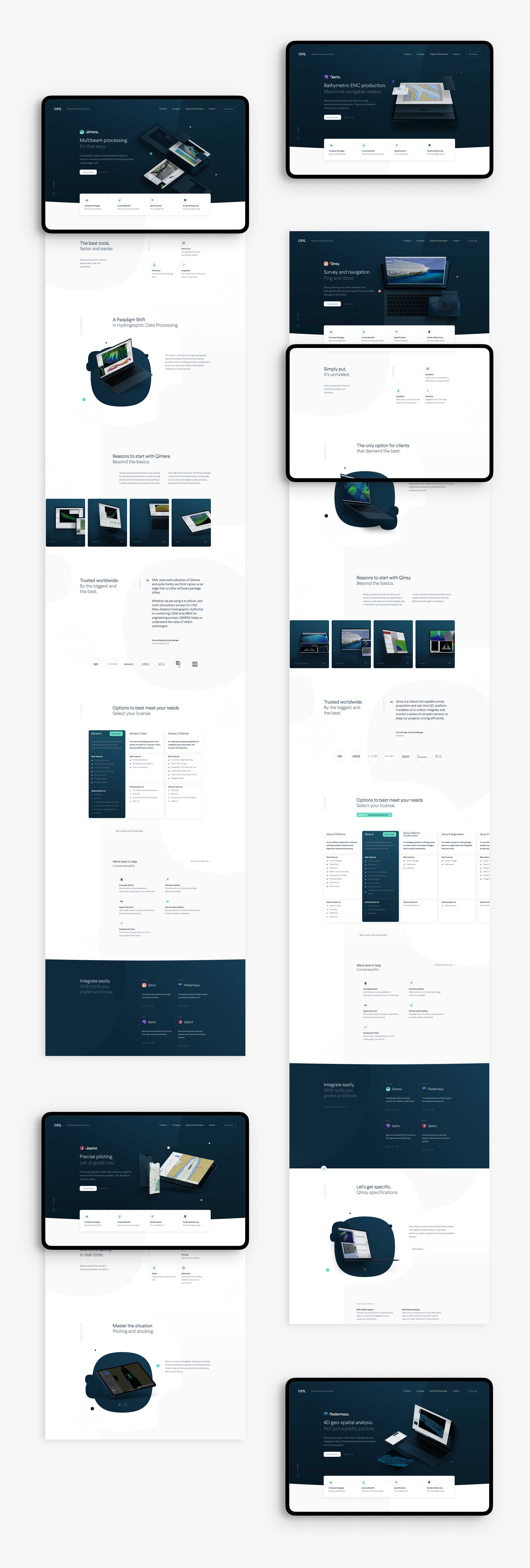 A full-page screenshot composition of a few QPS product detail pages.