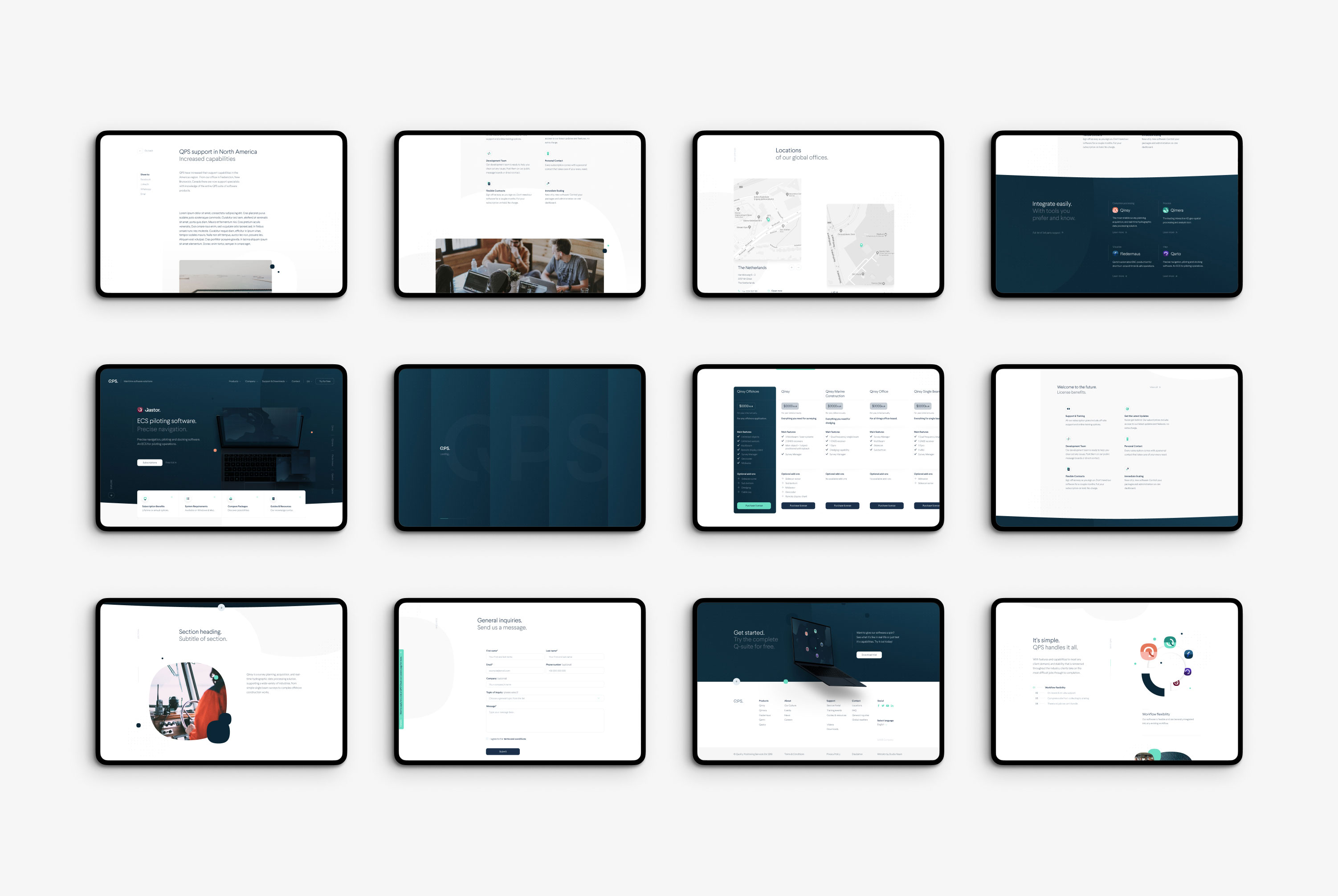 Multiple tablet on a grey background showing various pages of the QPS website design