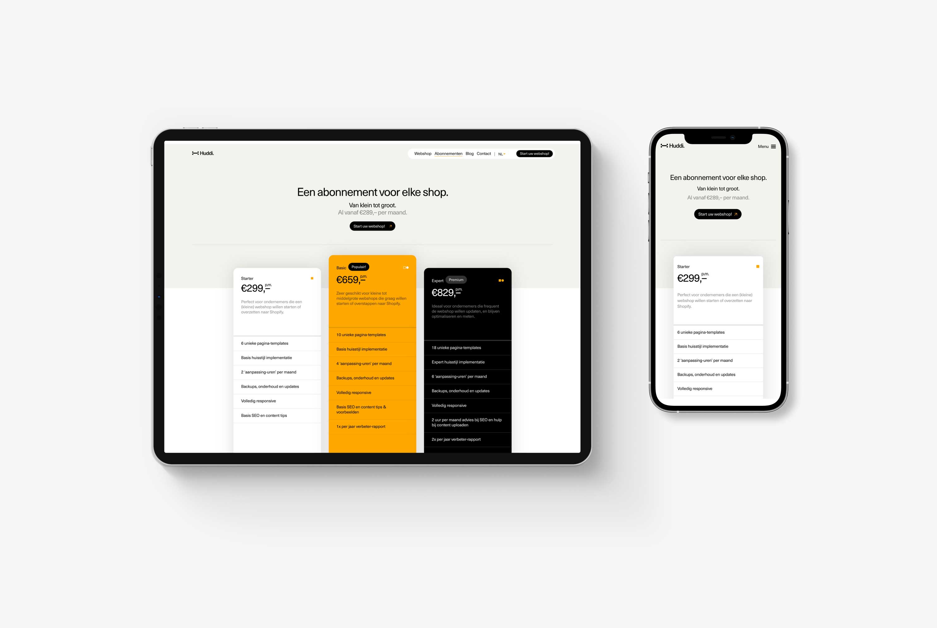 A tablet and a phone displaying Huddi's pricing page