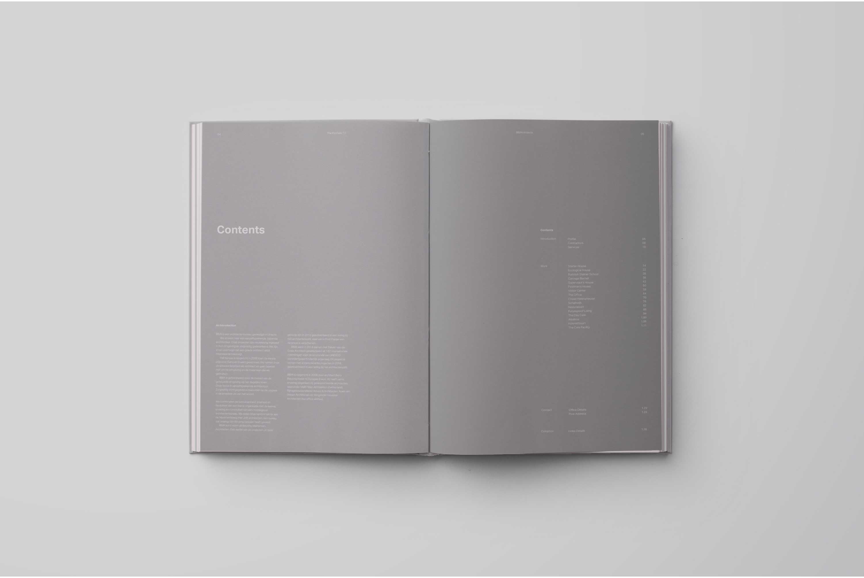 A book-spread displaying the content pages of BB/Architects