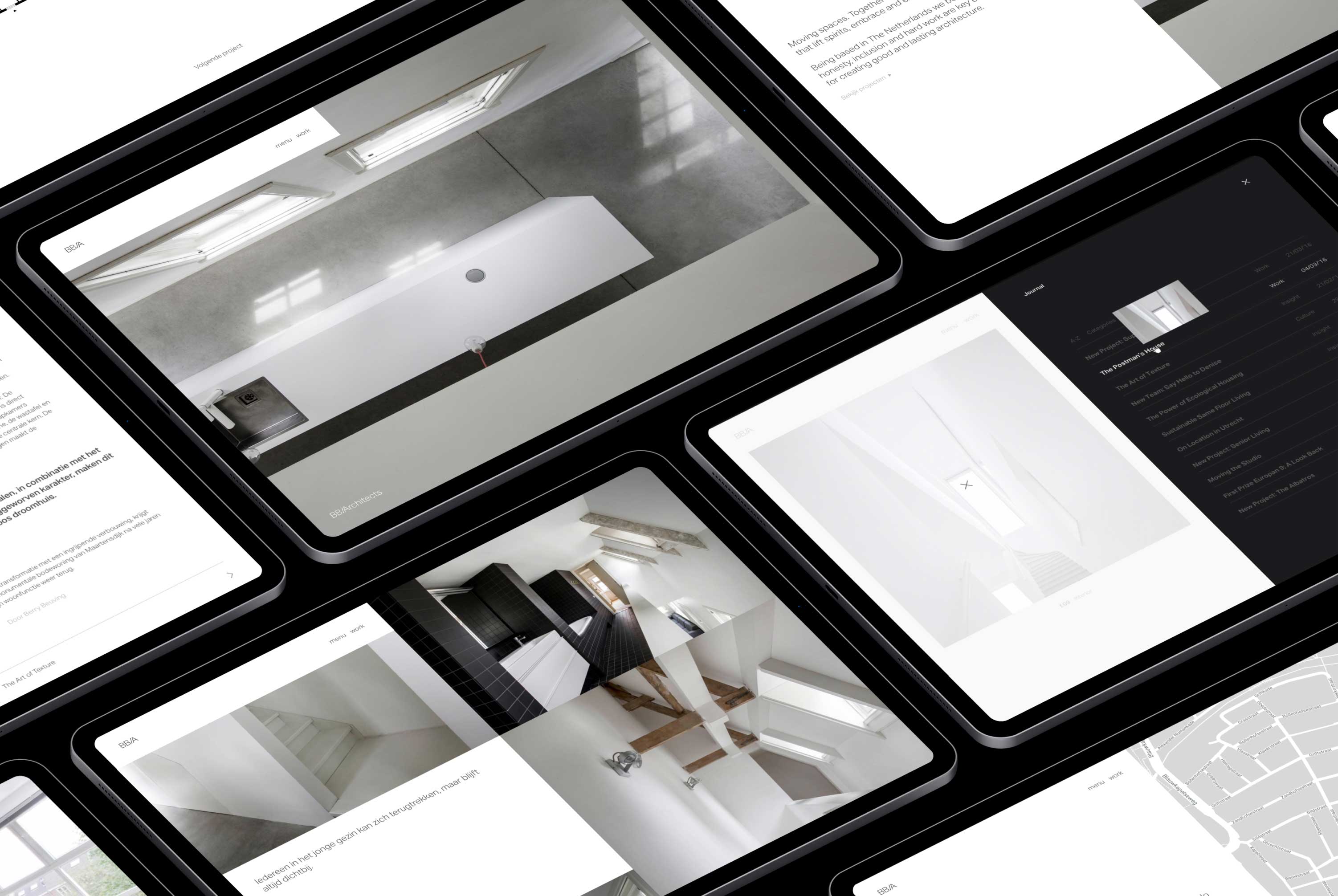 Overview of various tablet on a black background showing different pages of the BB/Architects website