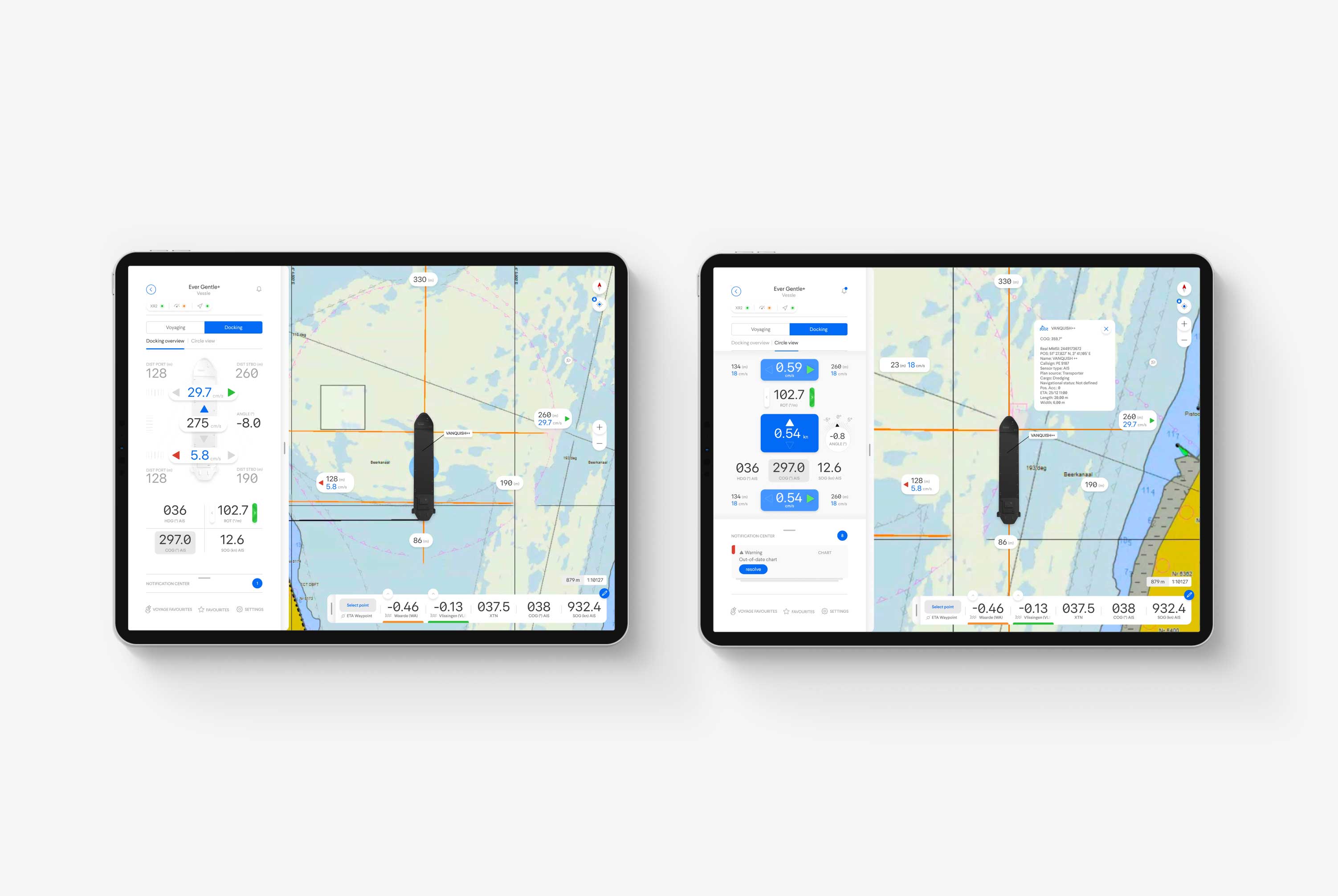 Two tablets on a grey background showing the QPS Qastor Docking views app design