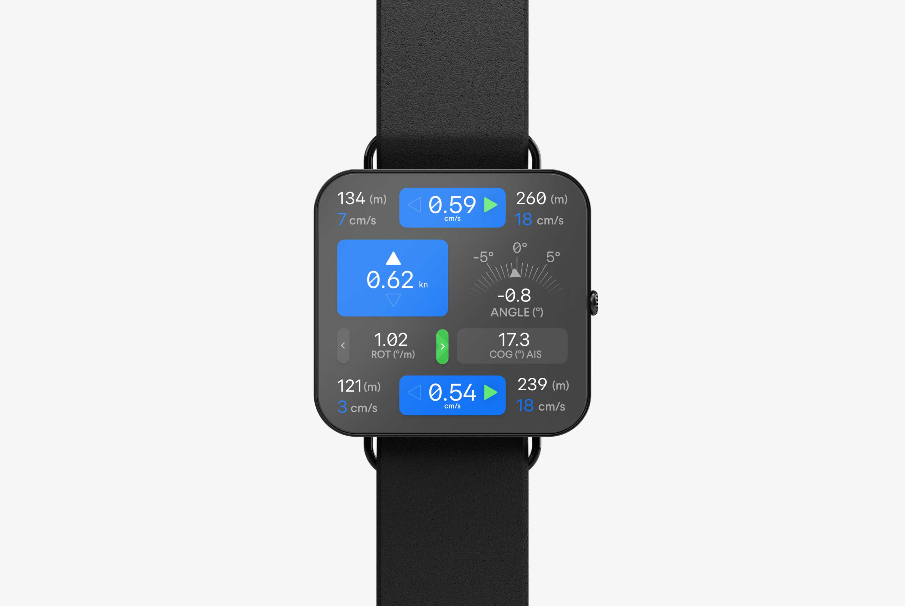 Smartwatch on a grey background showing the docking number values of the QPS Qastor app