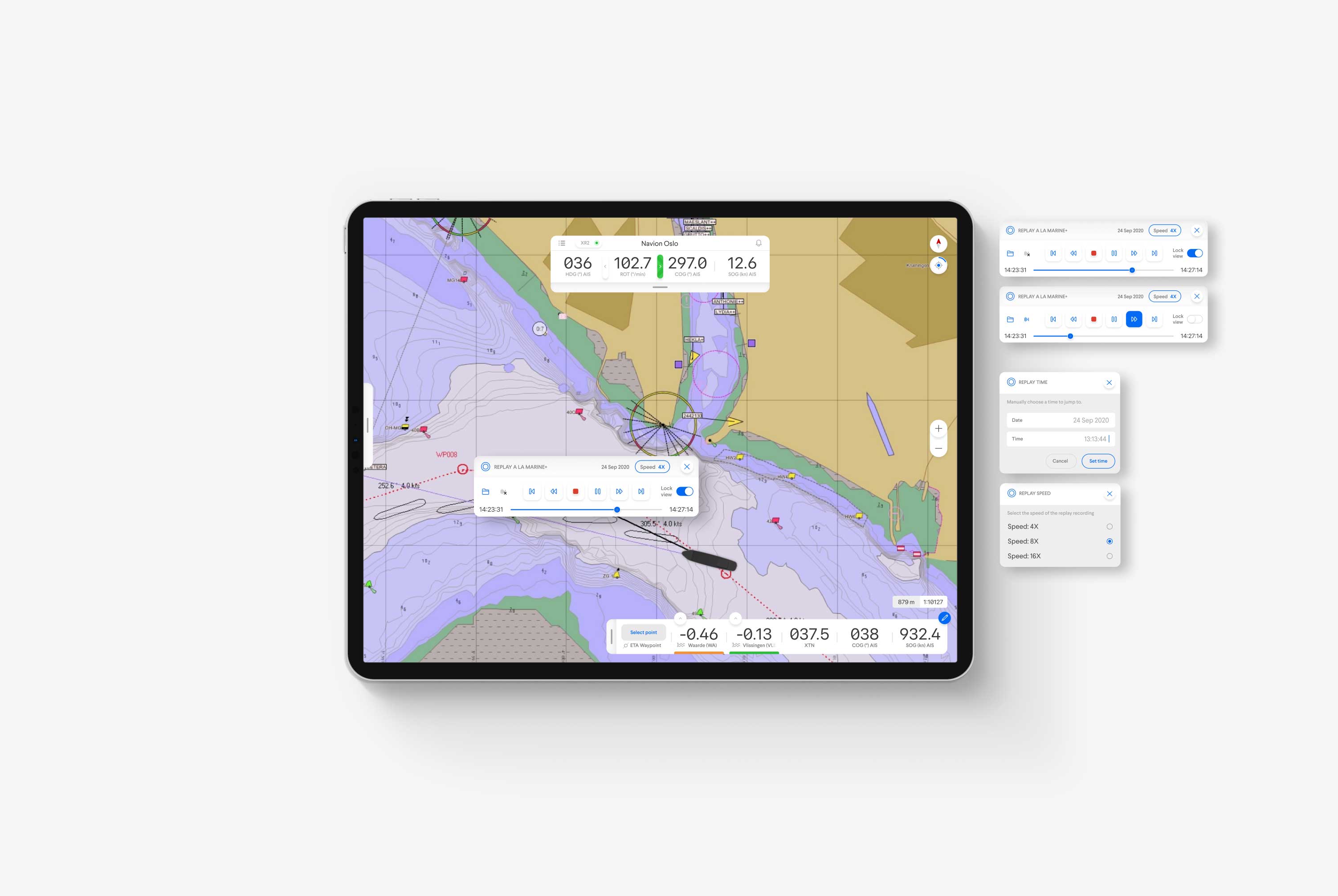 A tablet on a grey background showing the QPS Qastor map with various recording pop-up panels app design