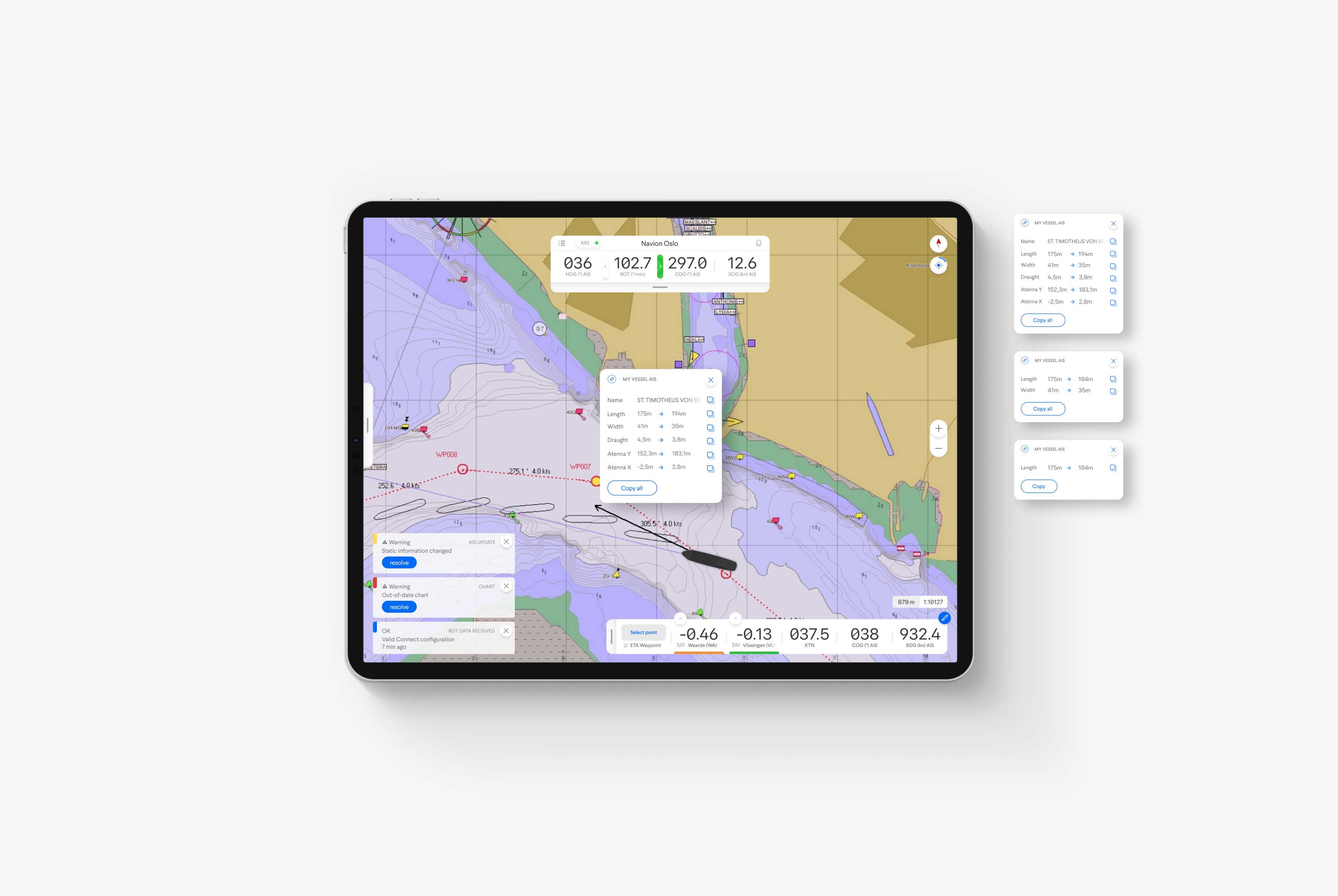 A tablet on a grey background showing the QPS Qastor map with various checkpoint pop-up panels app design