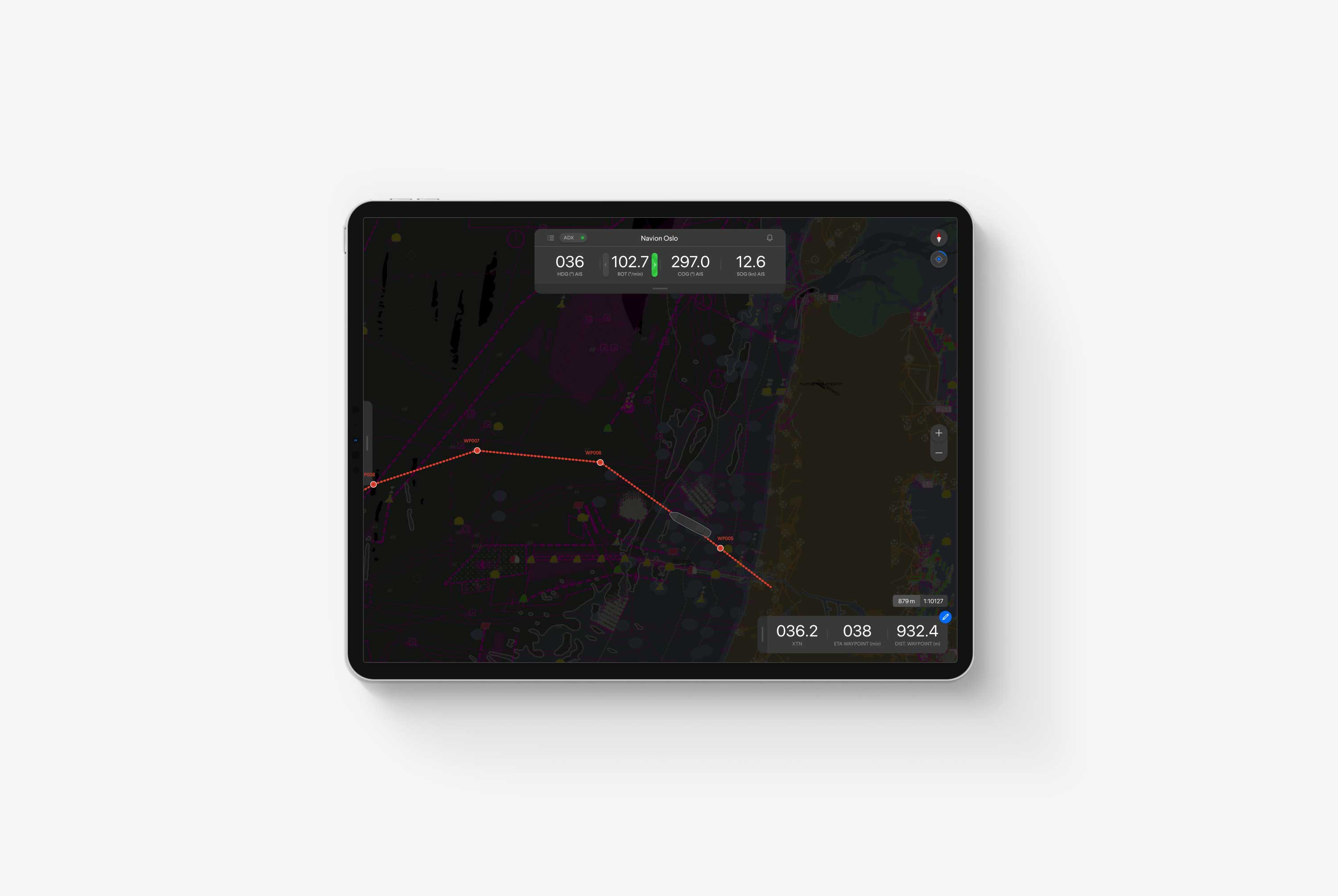 A tablet and a phone on a grey background displaying the dark-mode voyaging options for QPS Qastor app design