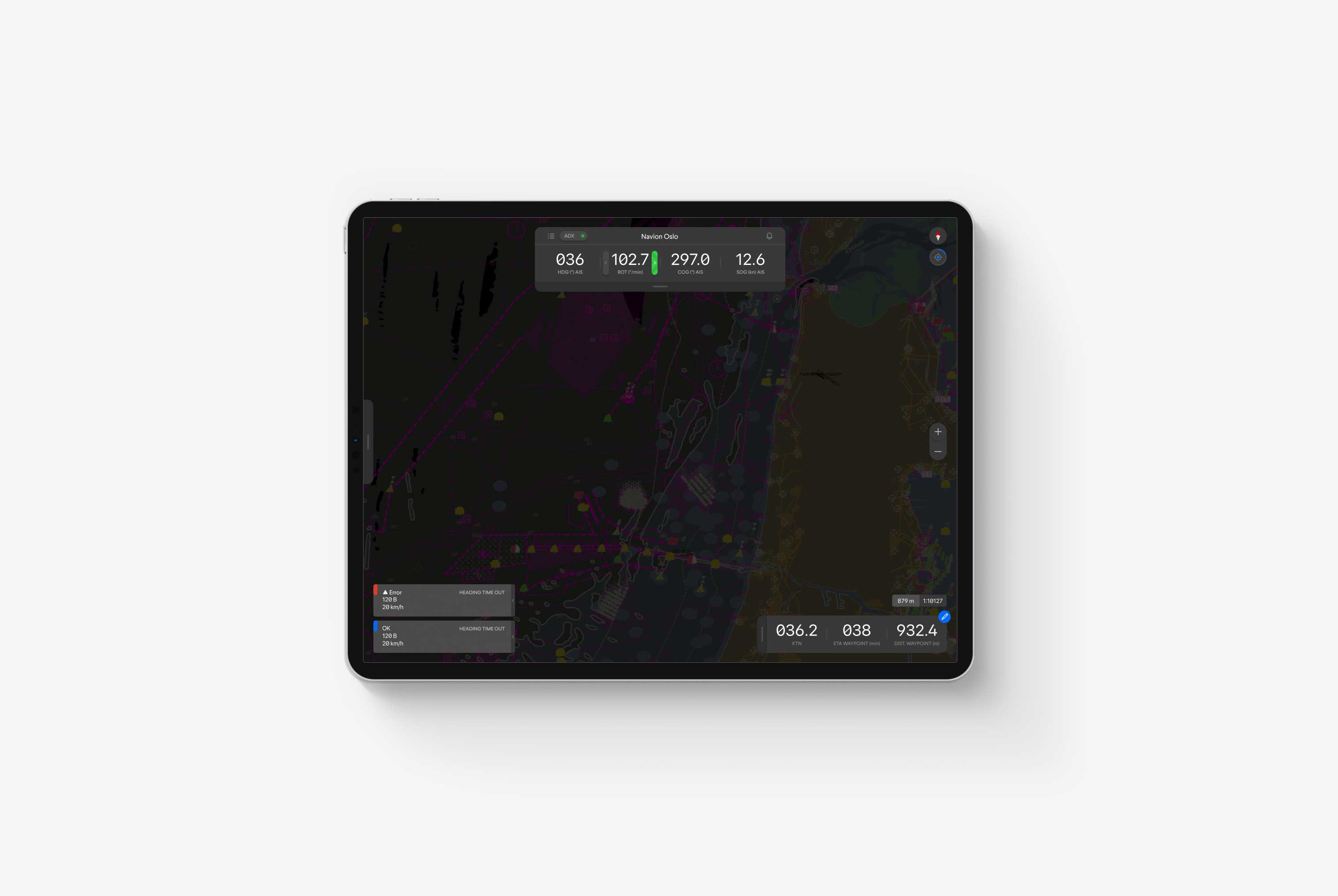 A tablet and a phone on a grey background displaying the dark-mode notifications options for QPS Qastor app design