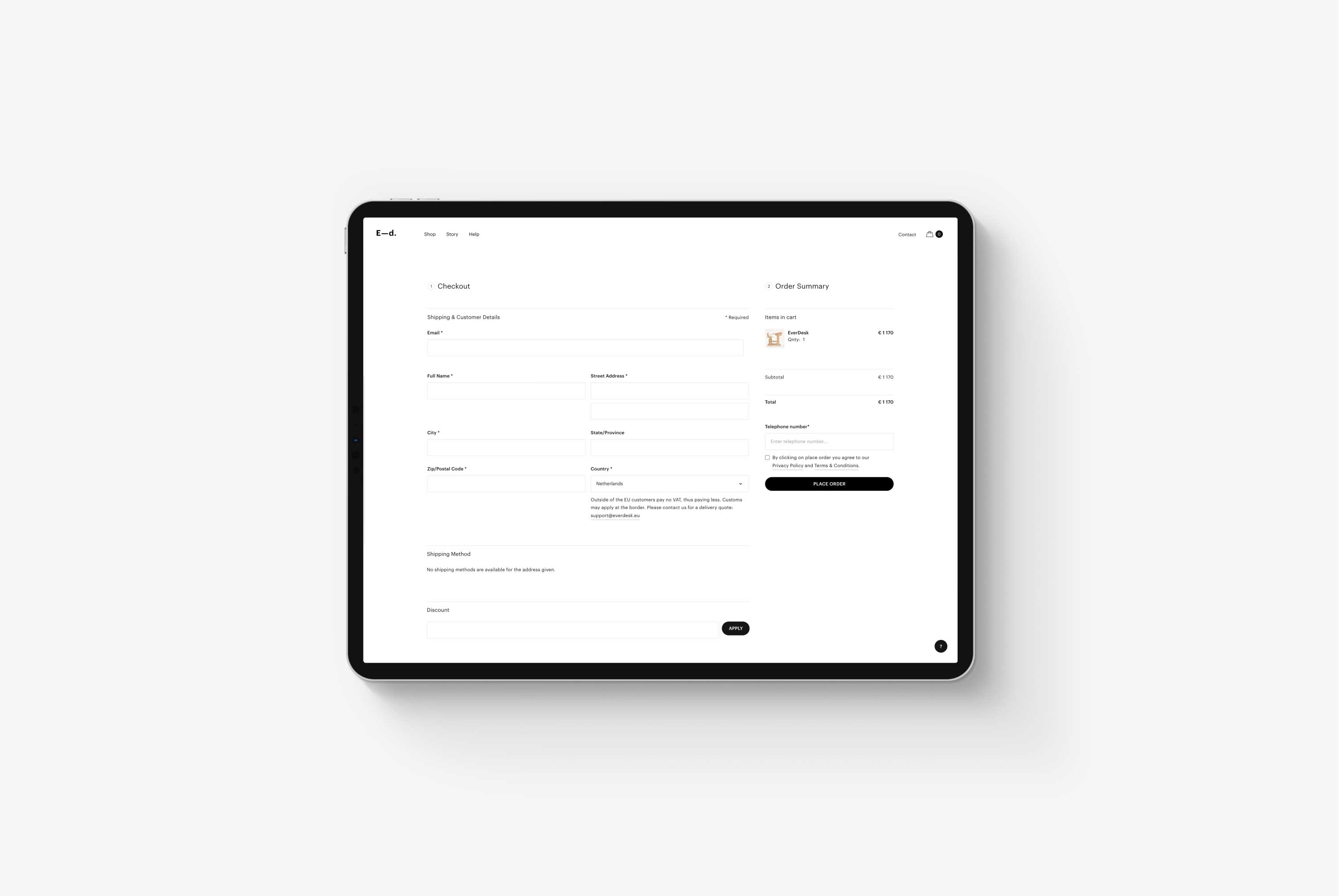 A tablet on a grey background displaying the Everdesk checkout page