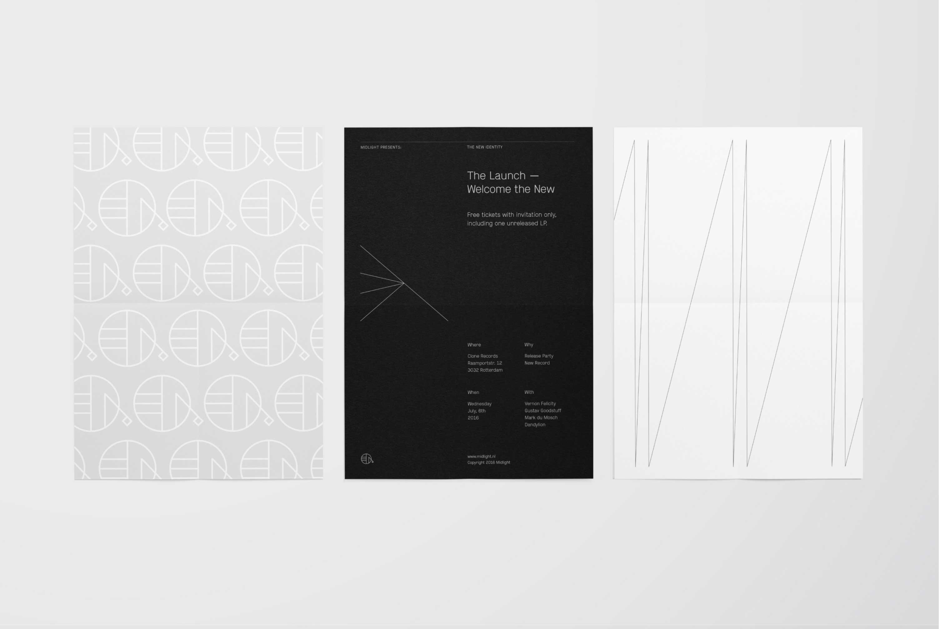 Three A2 posters with a fold, promoting the launch of the new Midlight identity