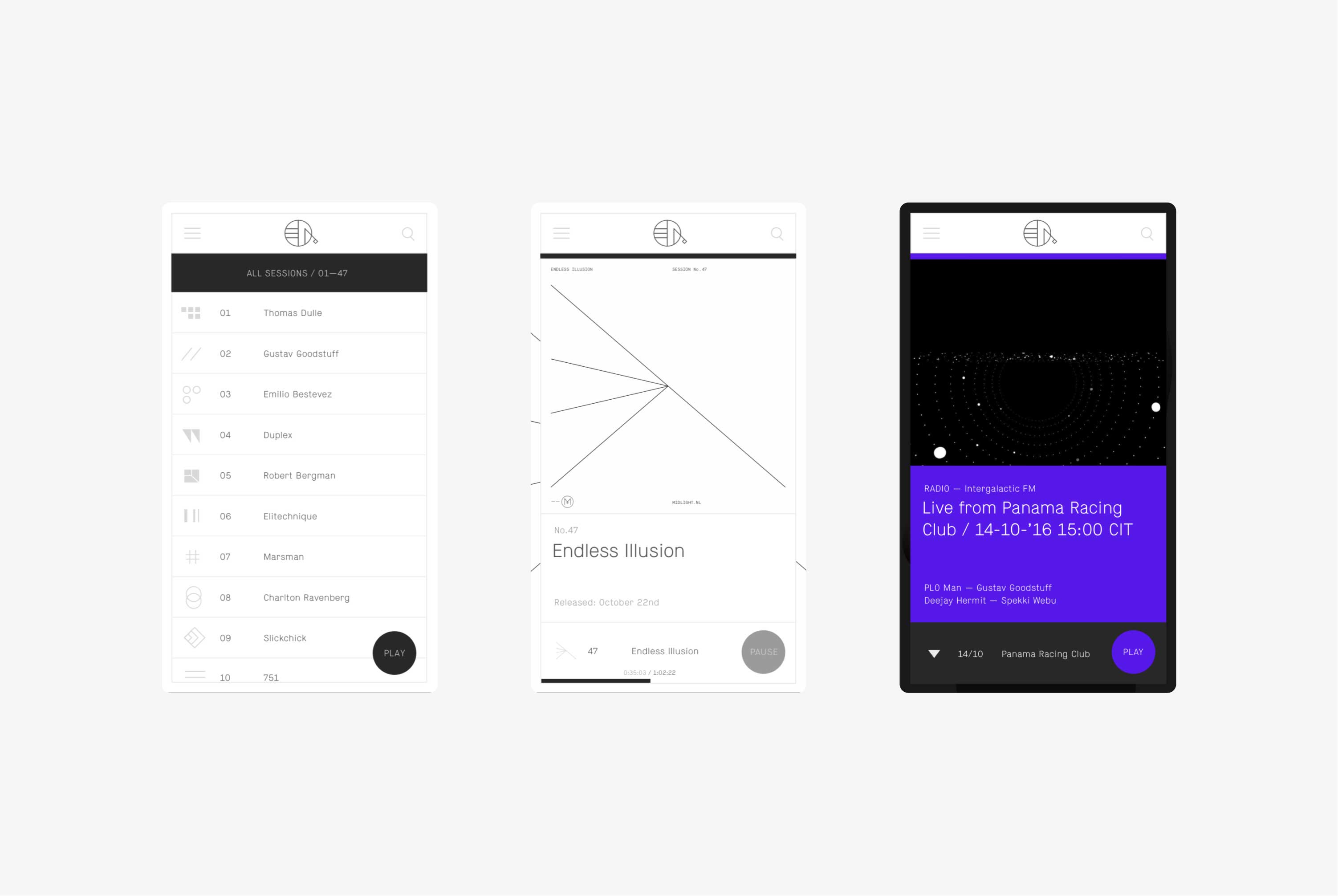 Three mobile designs for the Midlight Records website