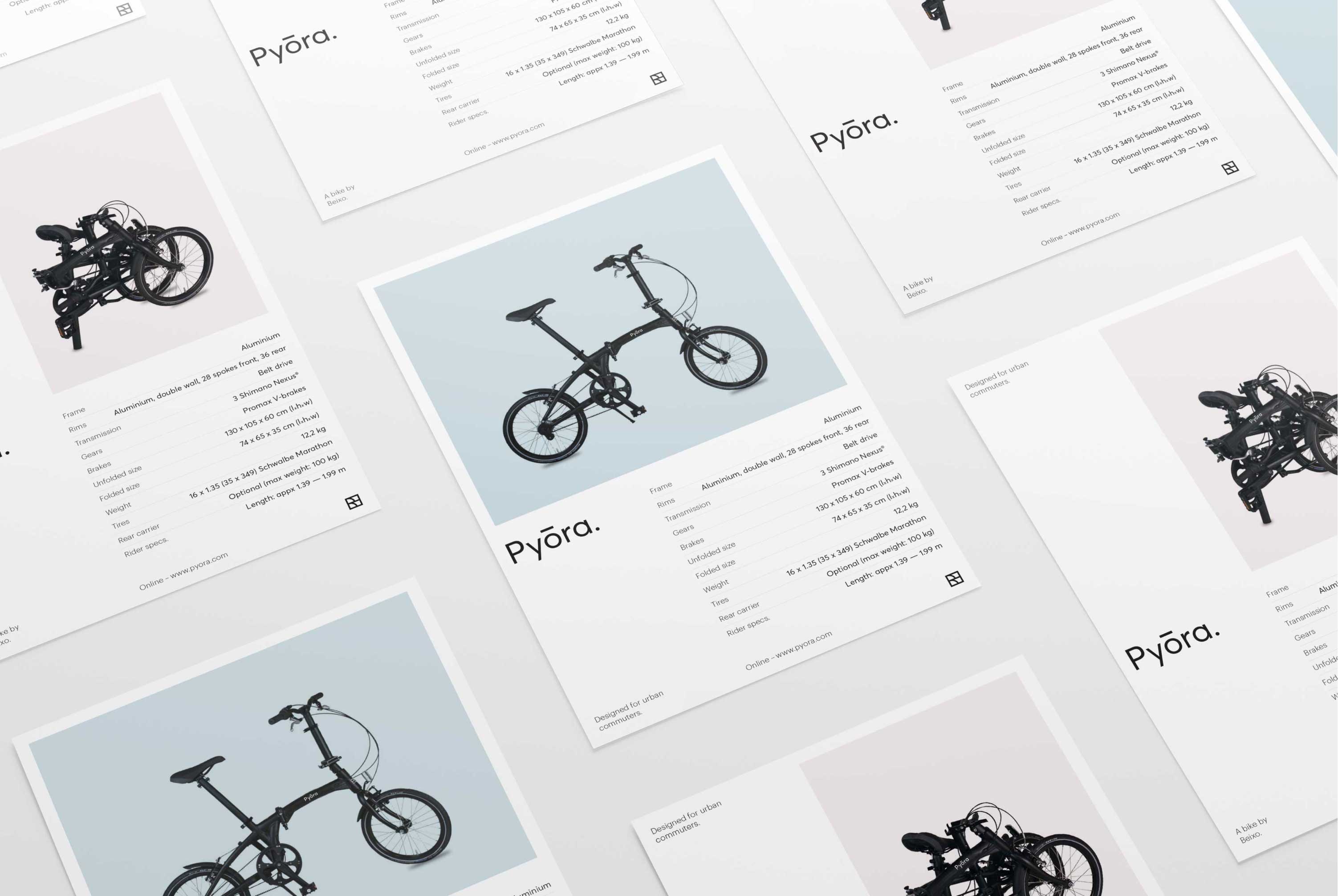 A collection of flyers describing Pyora bike's specifications