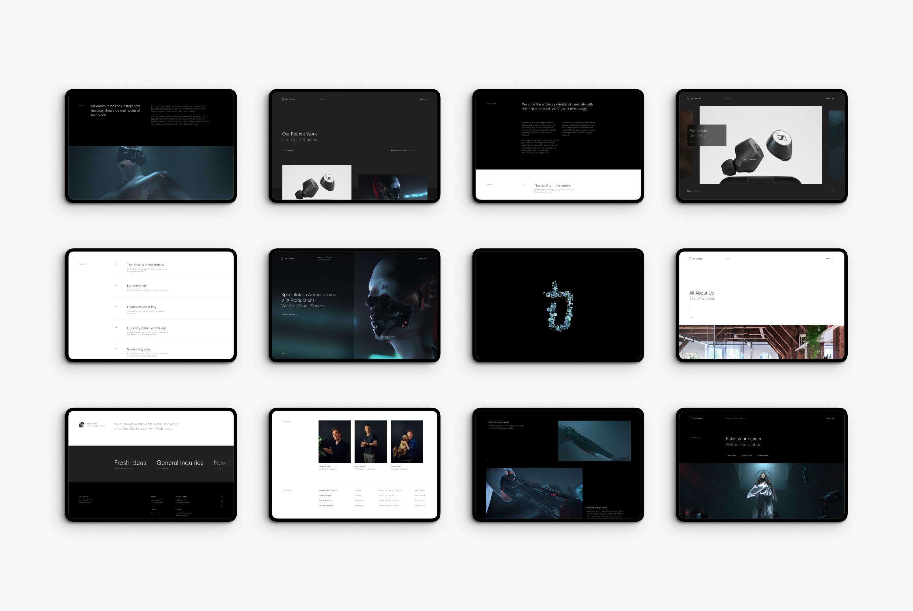 Overview of multiple tablets on grey background showing various pages of the Outpost website design