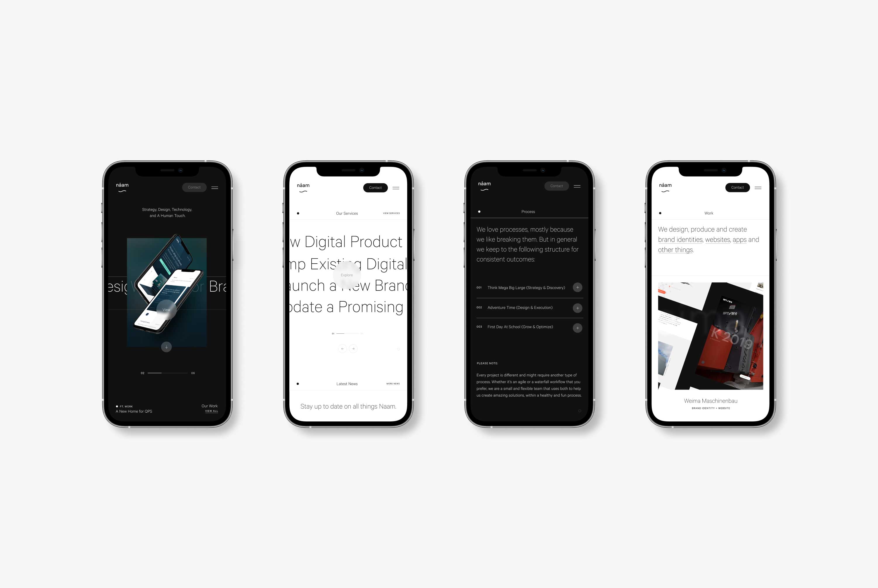 Four phones displaying the responsive design of Naam Agency