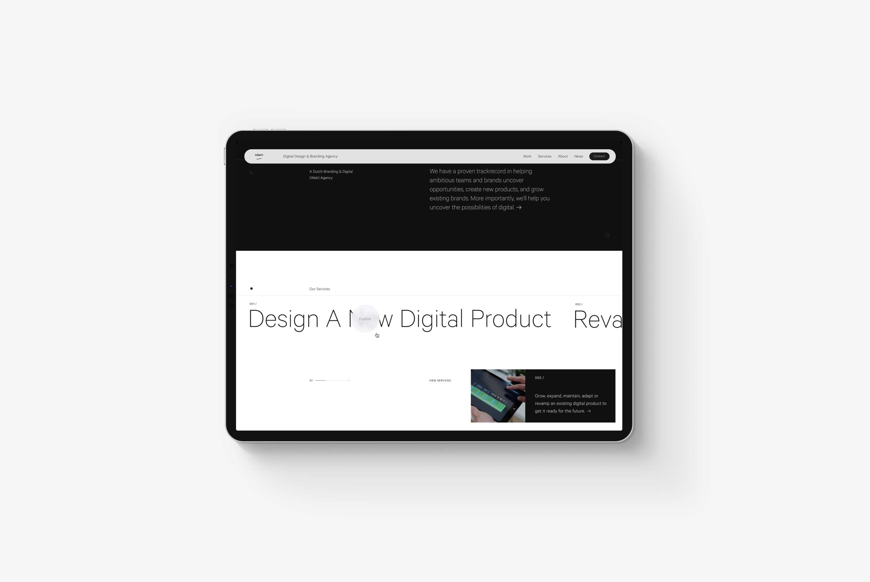 Tablet on a grey background showing the Naam Agency homepage service section design