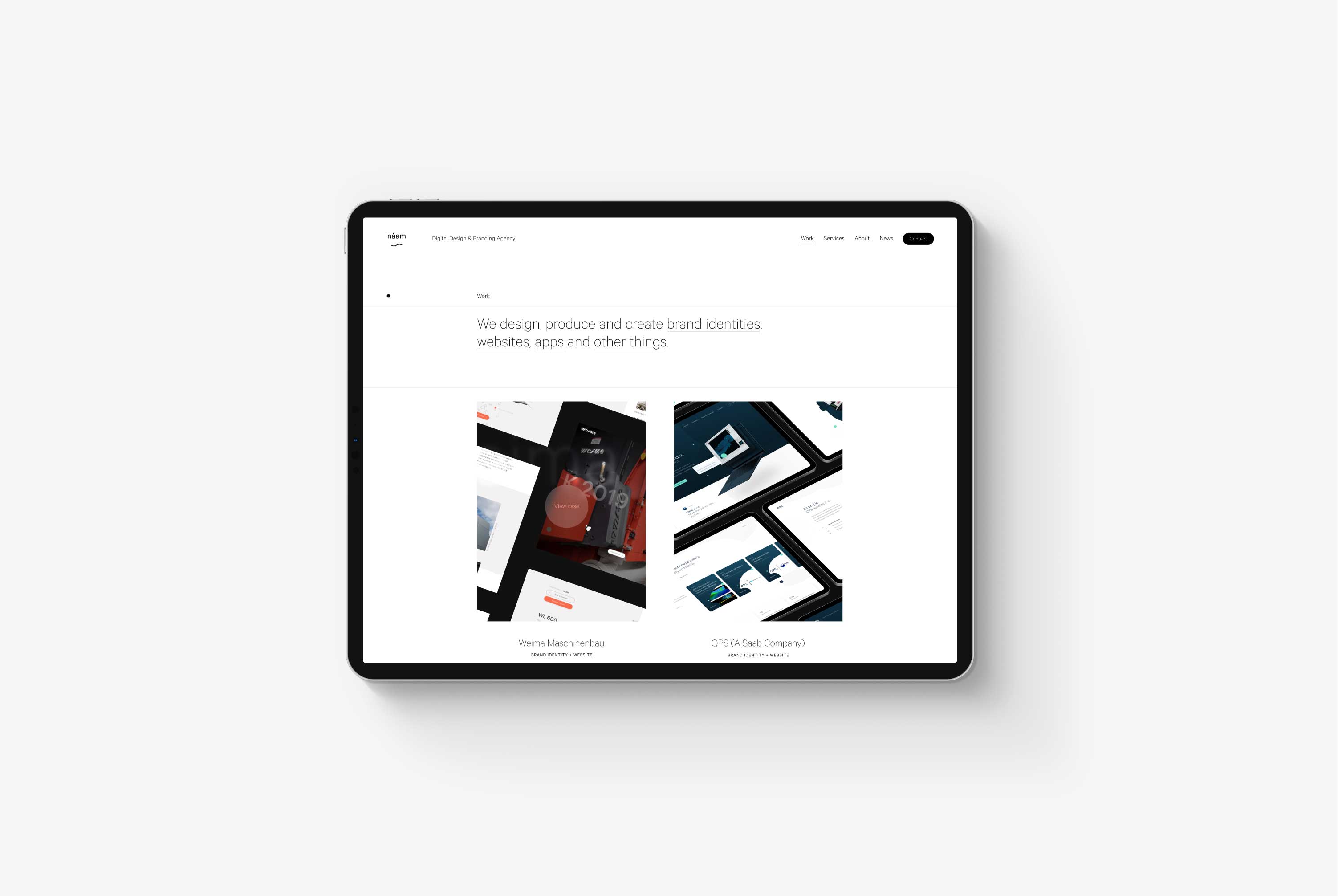 A tablet on a grey background showing the case study overview page of Naam's website