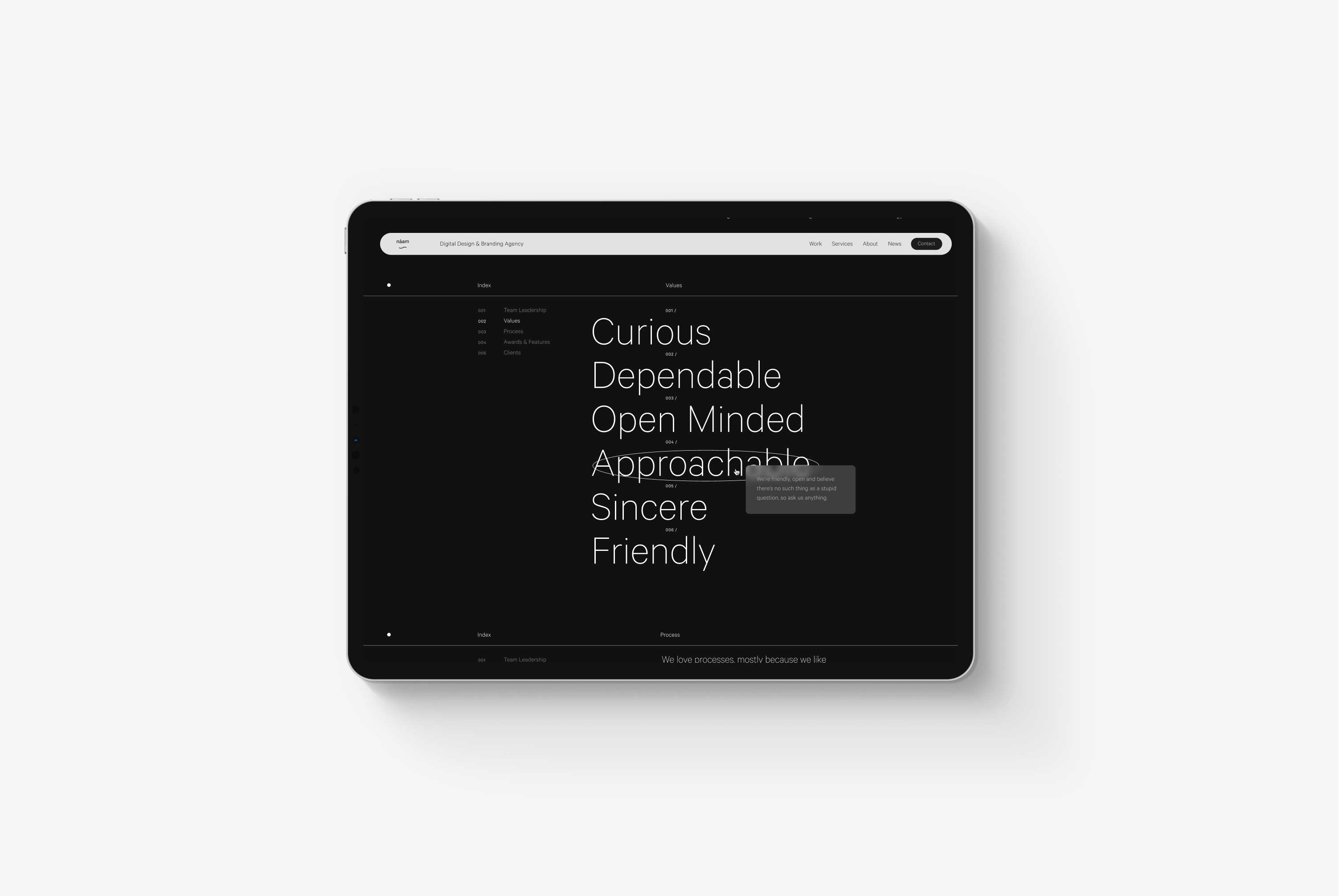 A tablet on a grey background showing the hover over state of the values section of the about page design of the Naam Agency website