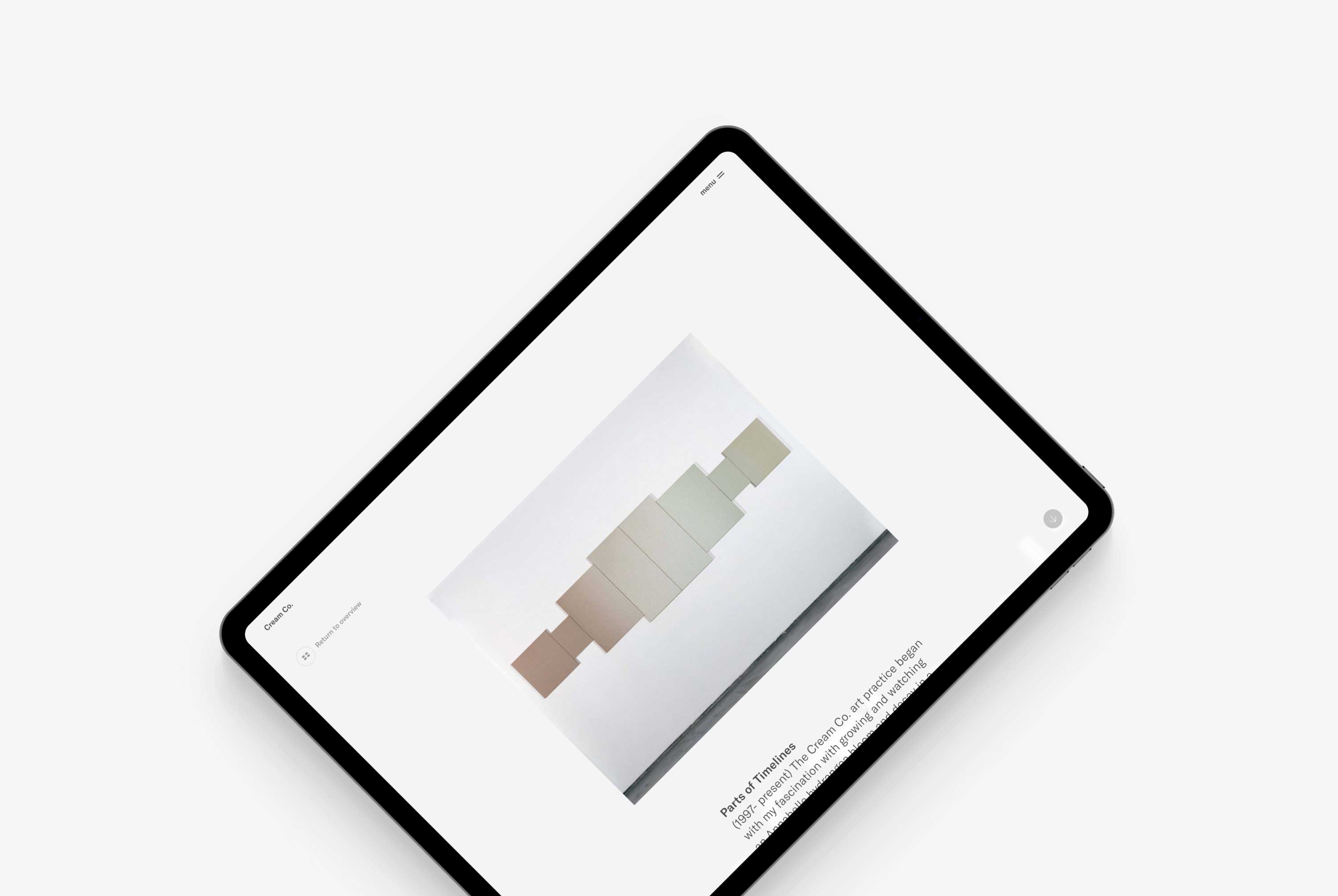 Tilted tablet on a grey background displaying the Project Detail page hero section