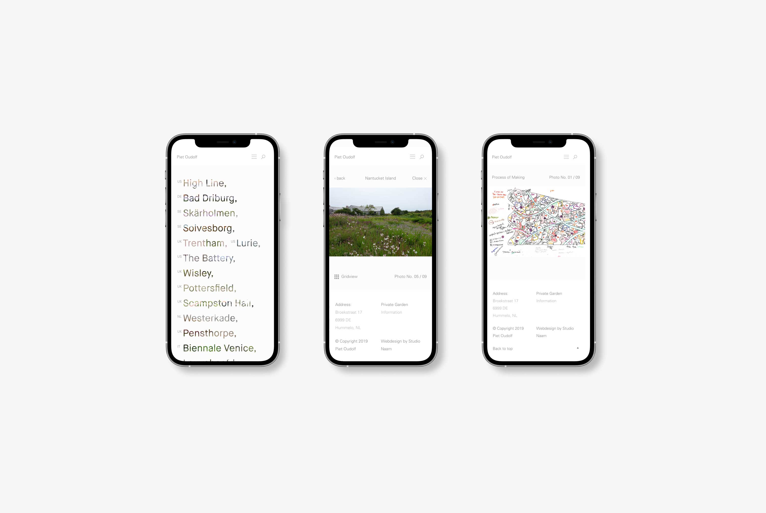 Three phones on a grey background showing the responsive design of Piet Oudolf's website