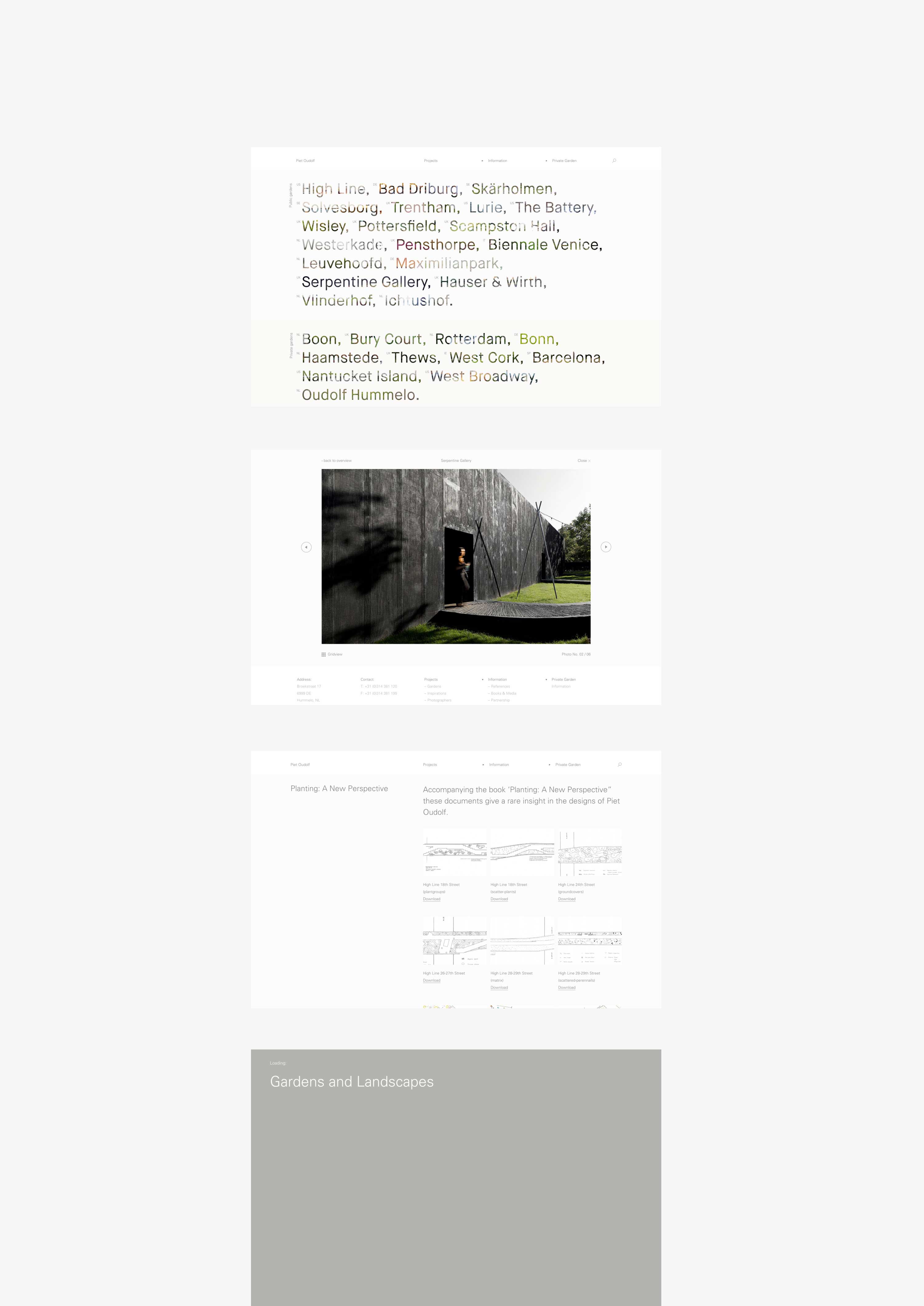 Four screen on a grey background showing various screens of the Piet Oudolf website design