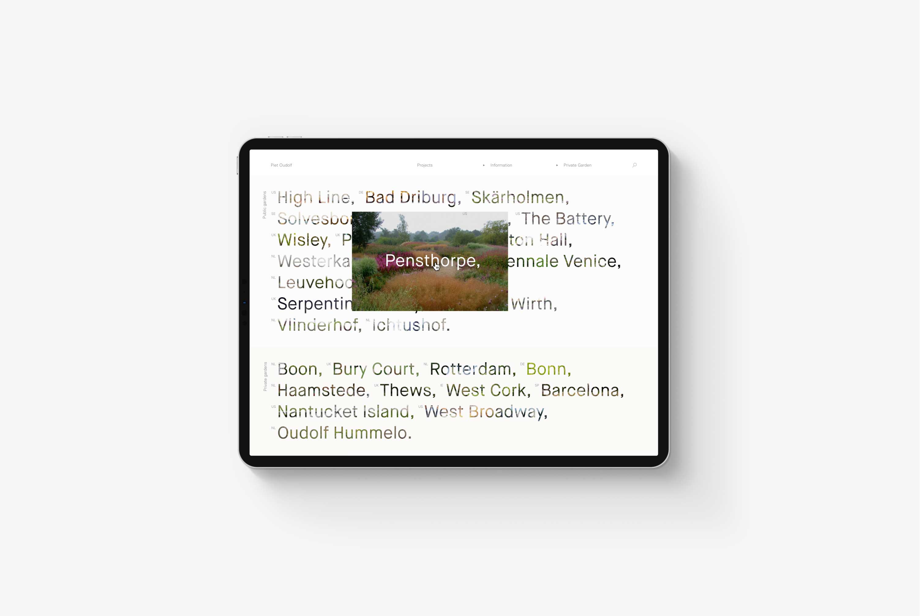 A tablet on a grey background displaying the Piet Oudolf website homepage with an active hover state