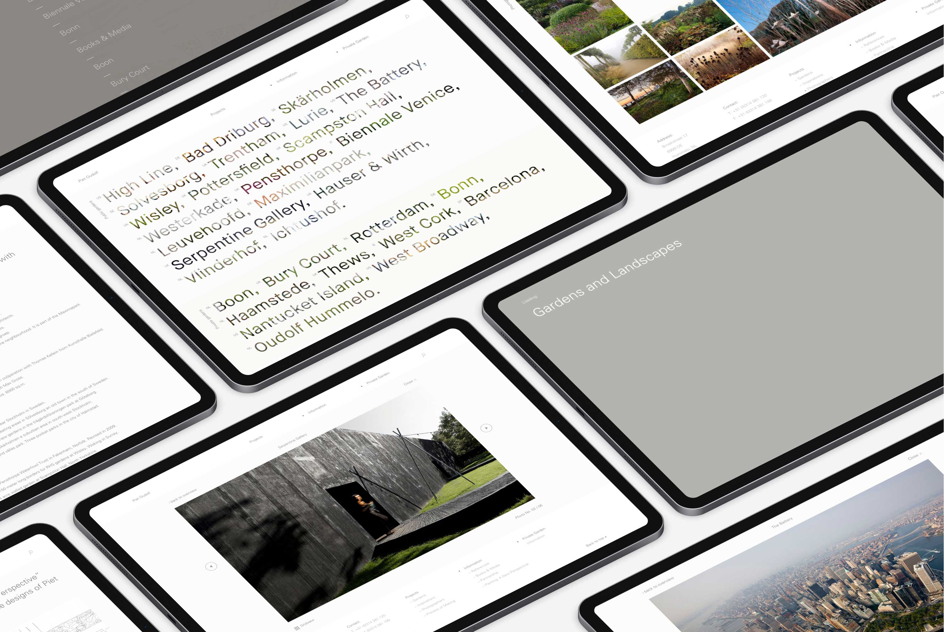 Multiple tablets on a grey background showing various pages of the Piet Oudolf website design