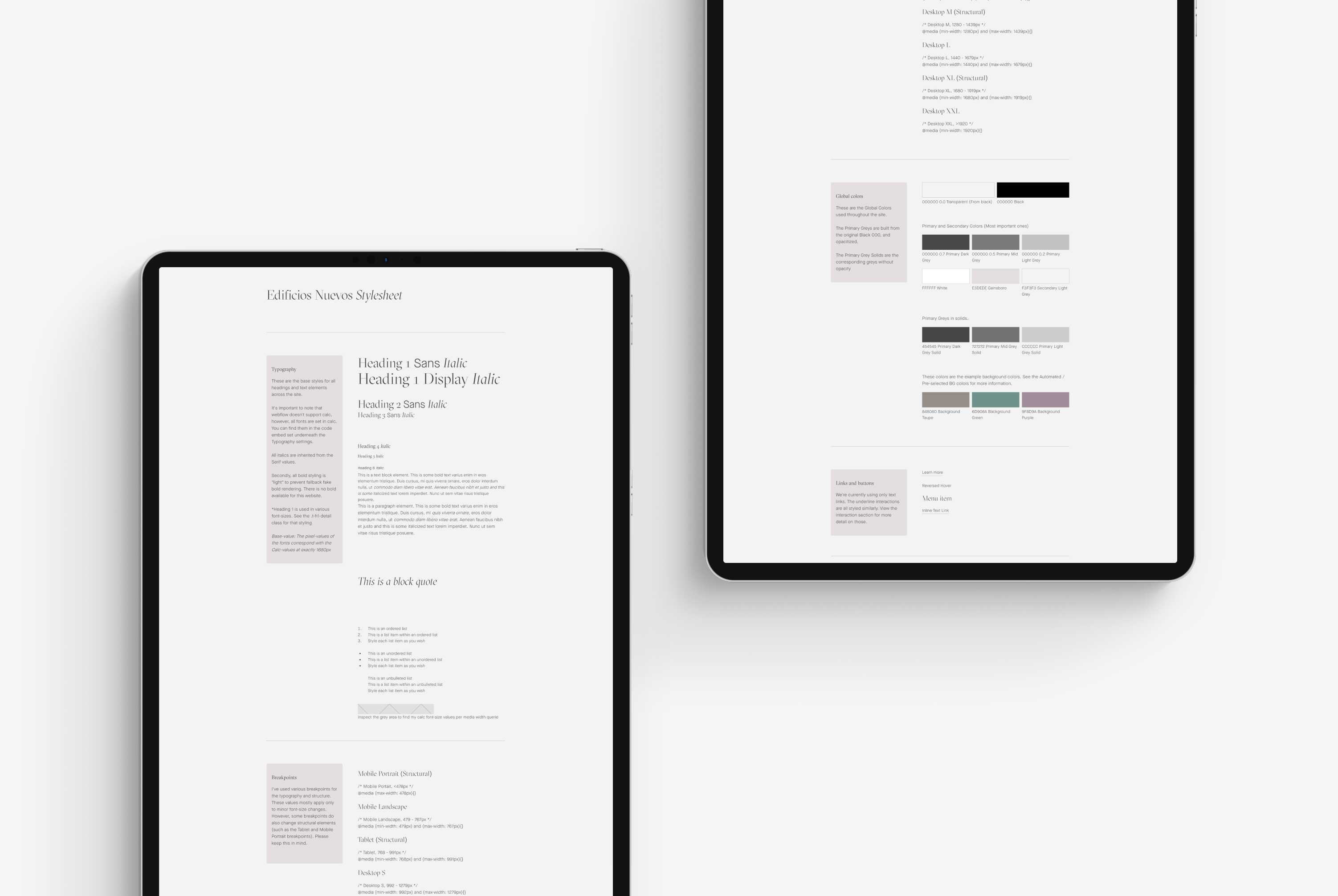 Two tablets on a grey background showing the Edificios Nuevos website style-guide