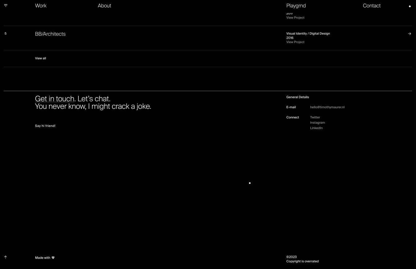 Screenshot of Tim Maurer's Portfolio Prototype 4 homepage footer design