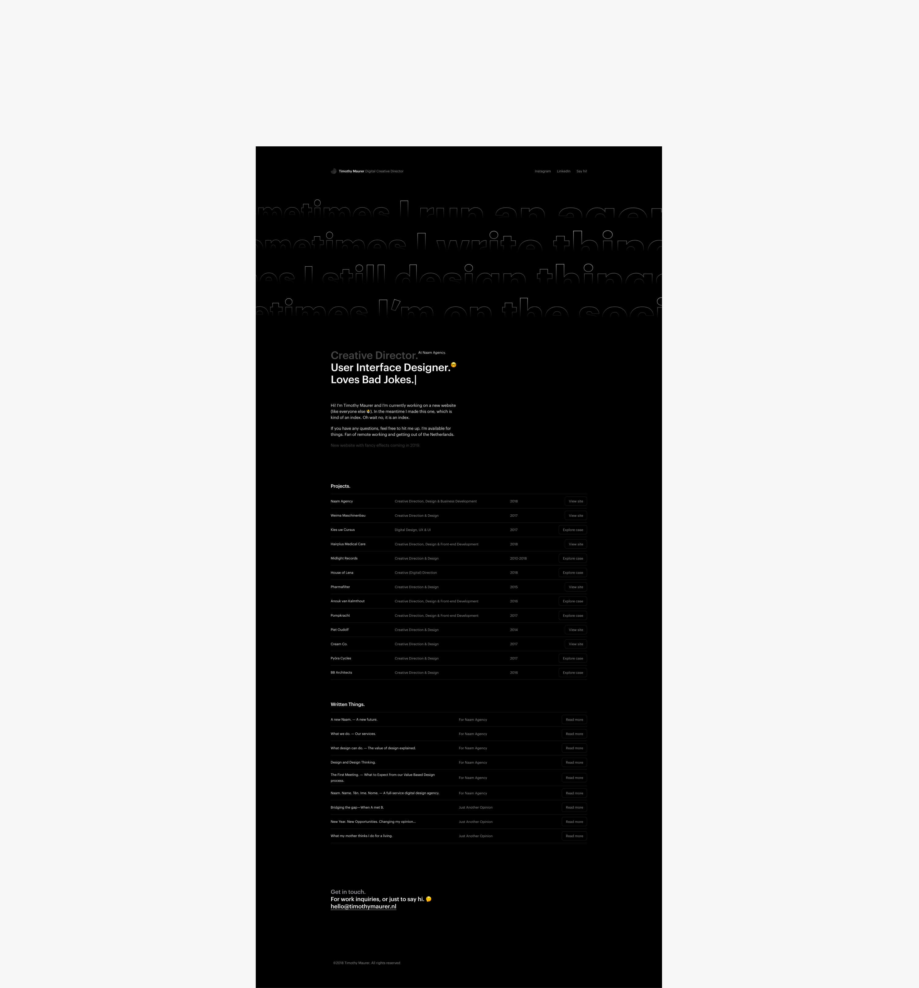 Full-page screenshot of Tim Maurer's 2018 homepage design