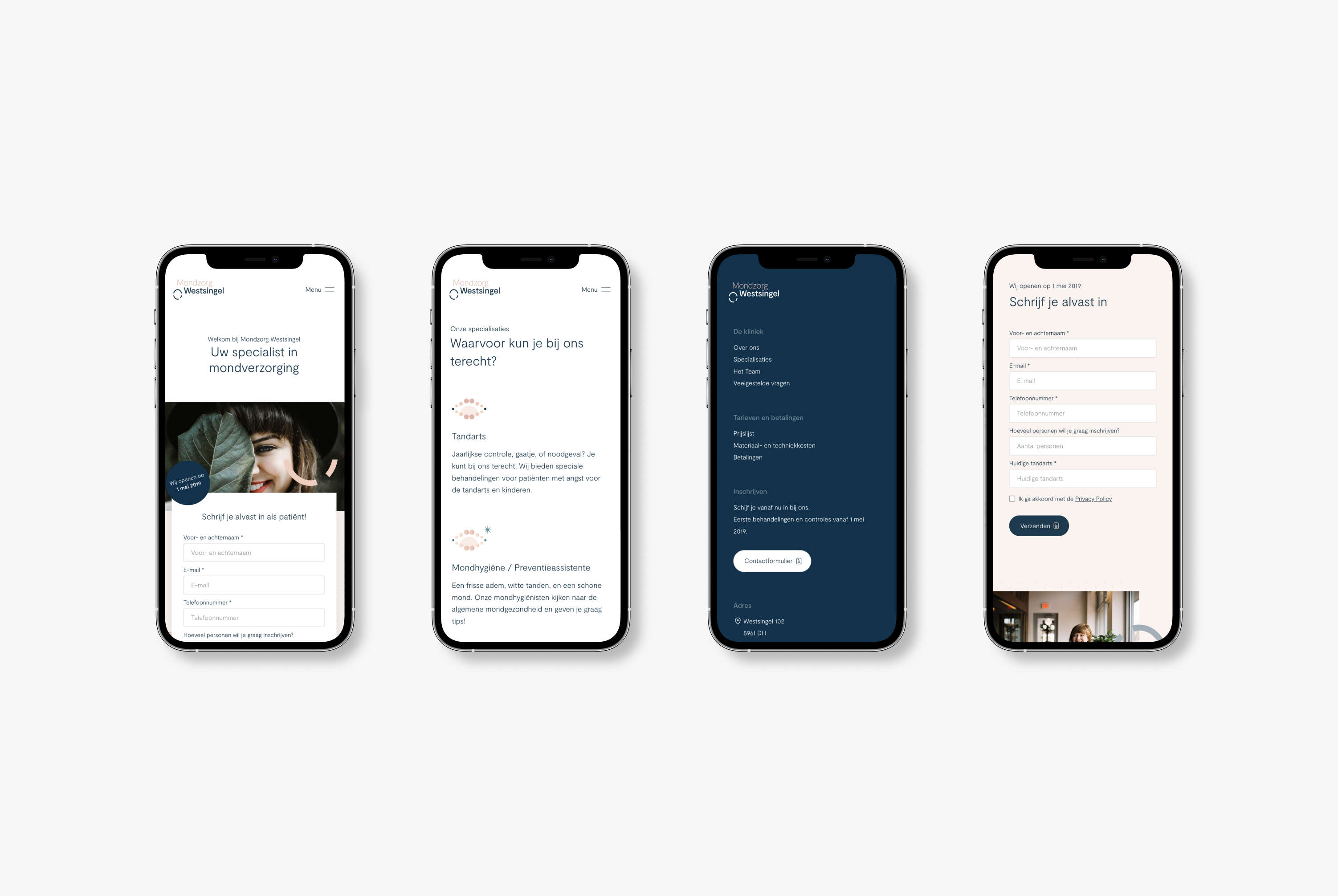 Four phones displaying the Mondzorg Westsingel website responsive design