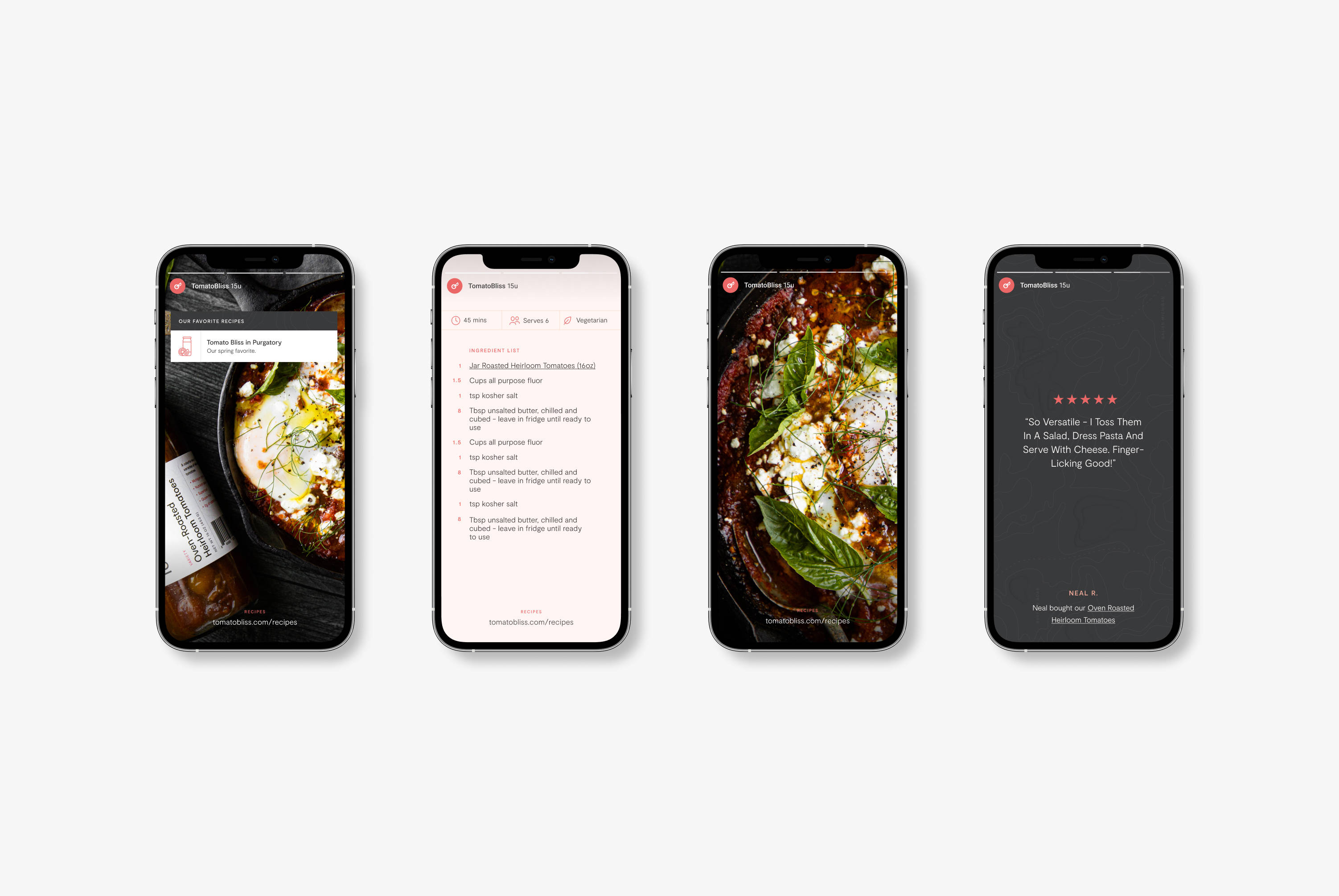 Four phones on a grey background showing Instagram campaign screens for Tomato Bliss