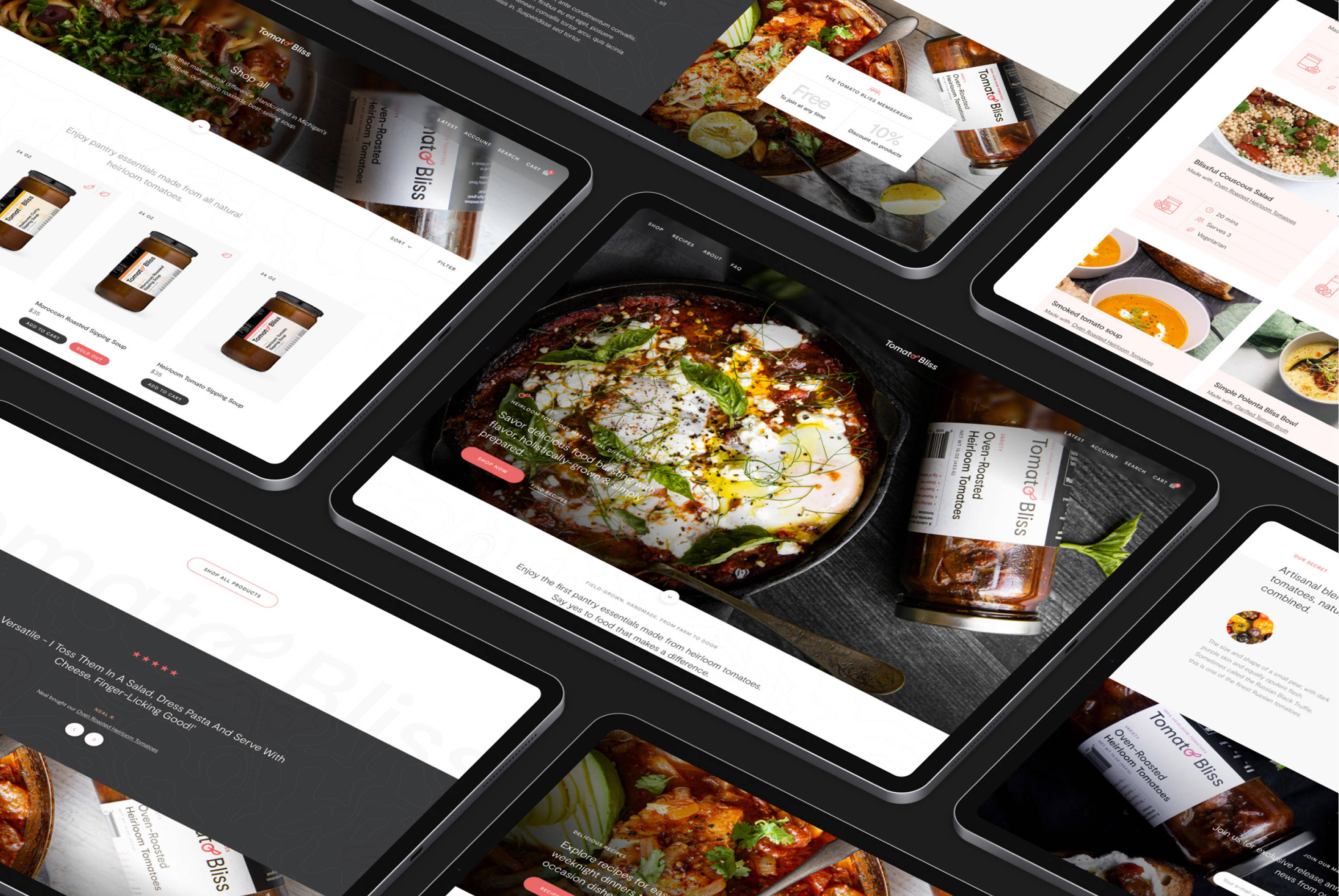 Several tablets showing Tomato Bliss' website design