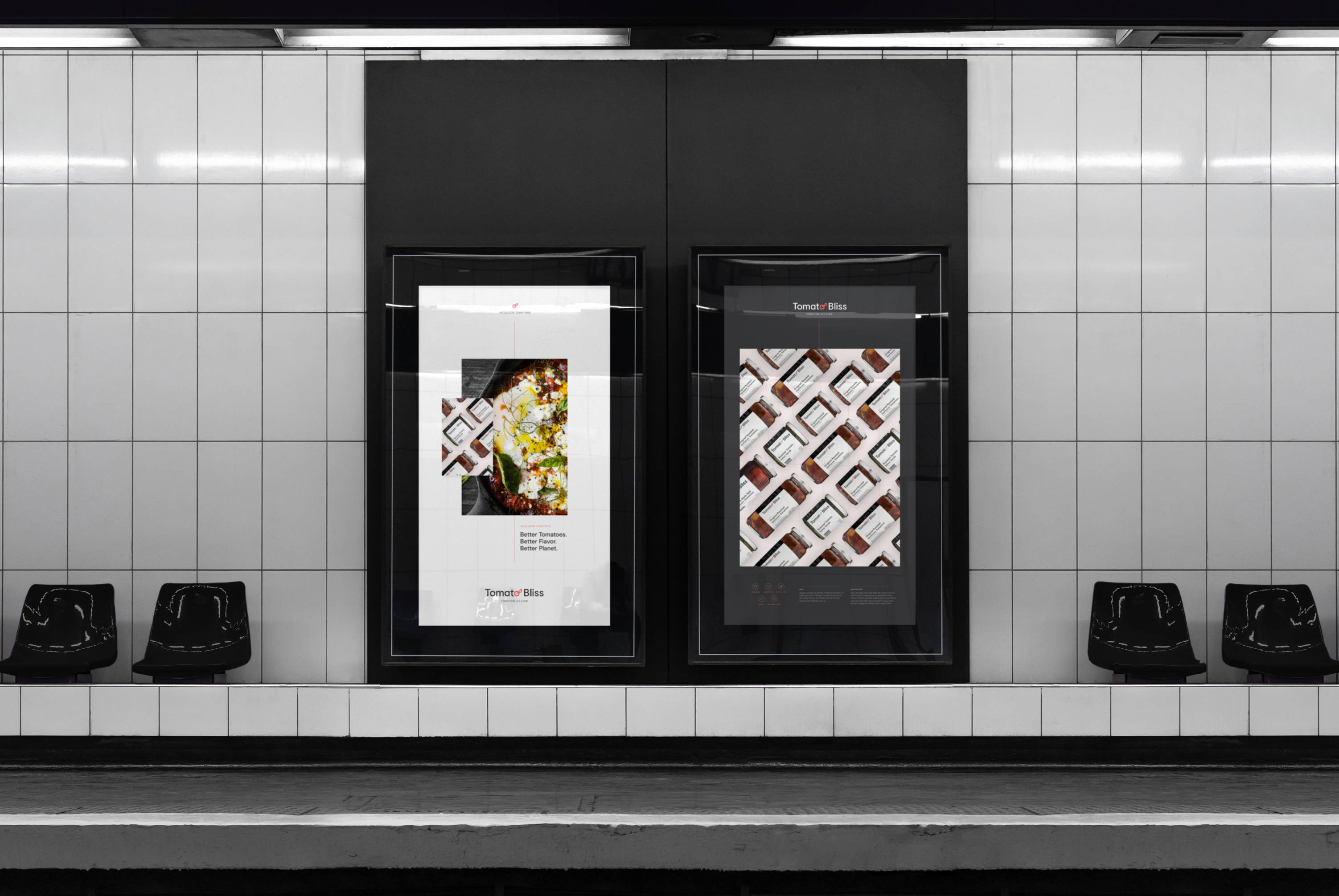 Two promotional Tomato Bliss posters in an underground subway station