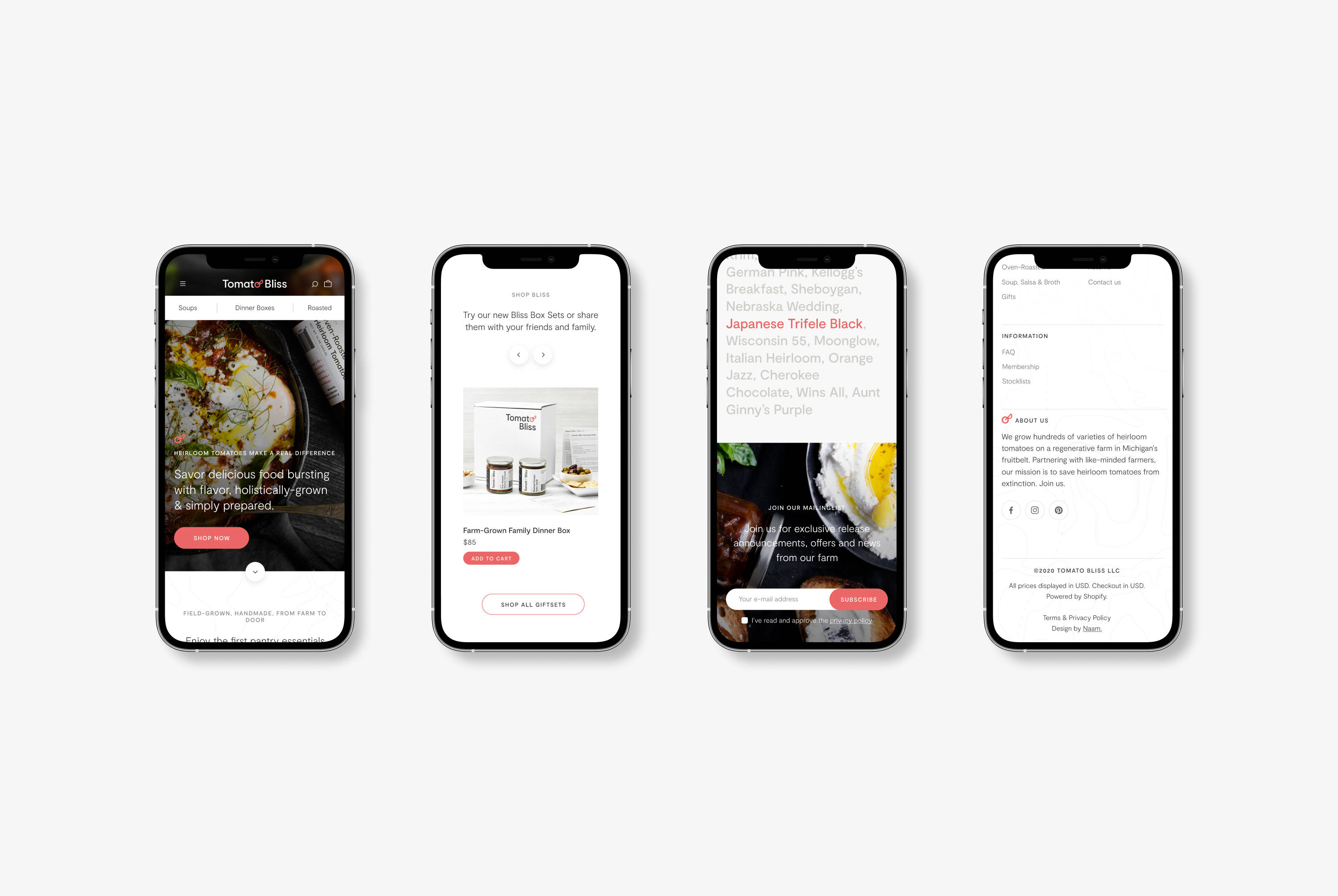 Four smartphones displaying sections of the Tomato Bliss webshop design