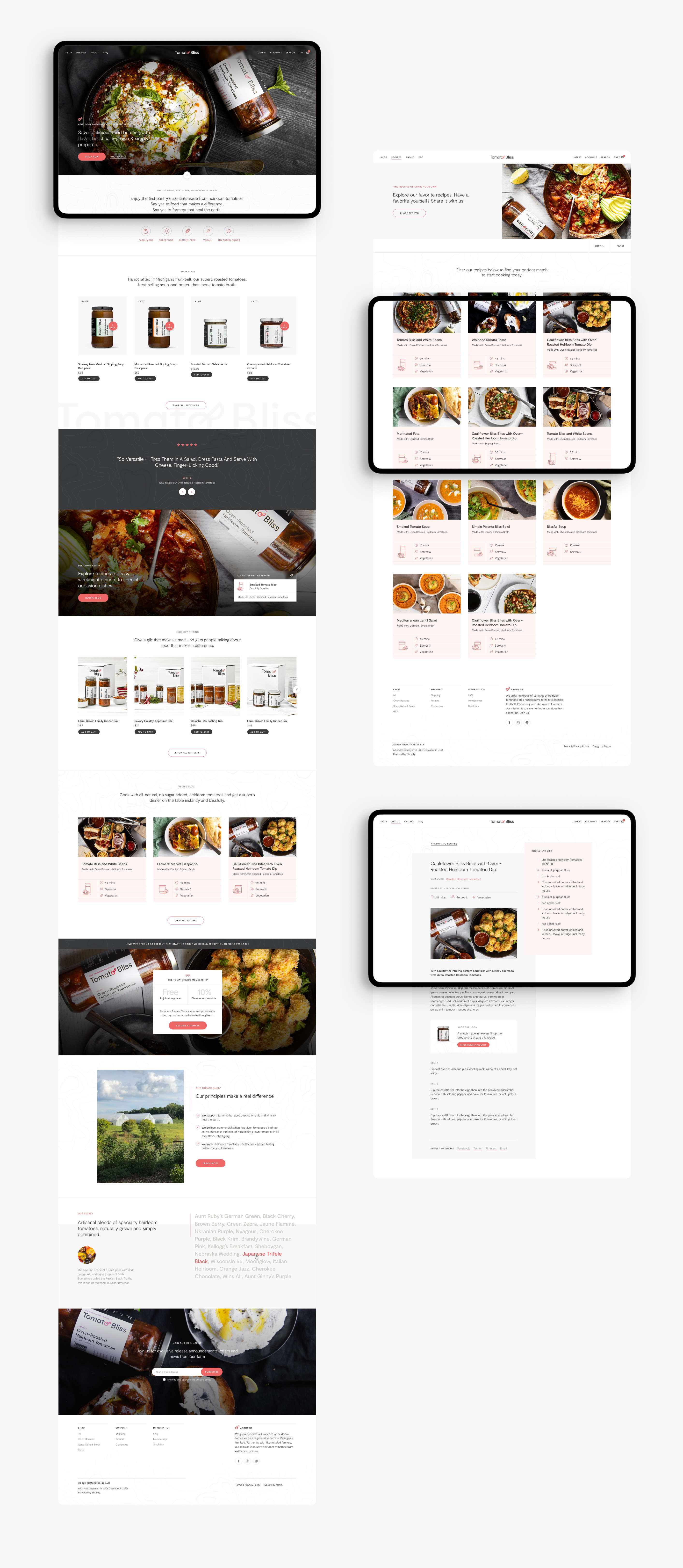 Composition of the homepage, recipe page, and recipe detail page