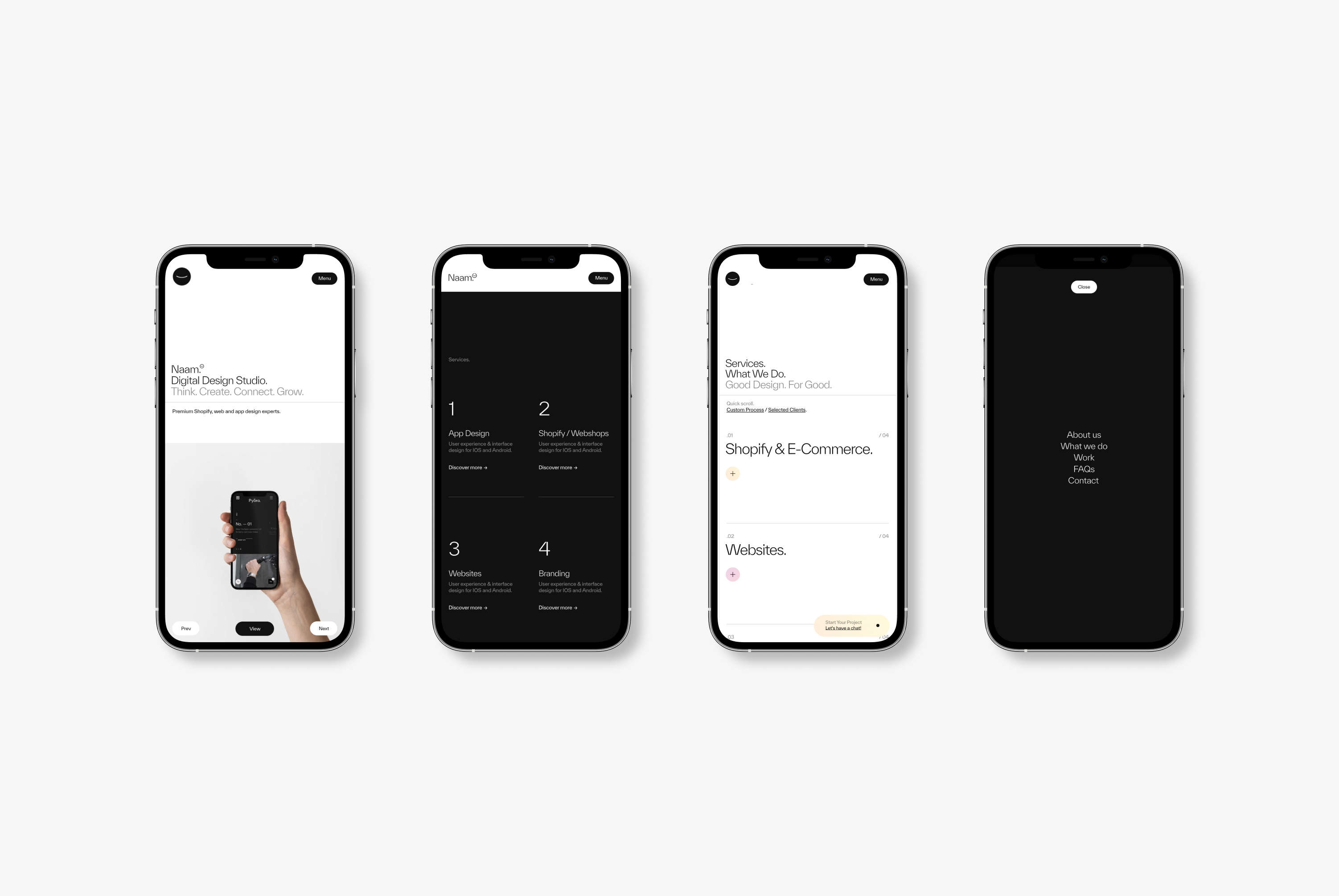 Four phones displaying the responsive design of the new Naam Agency website