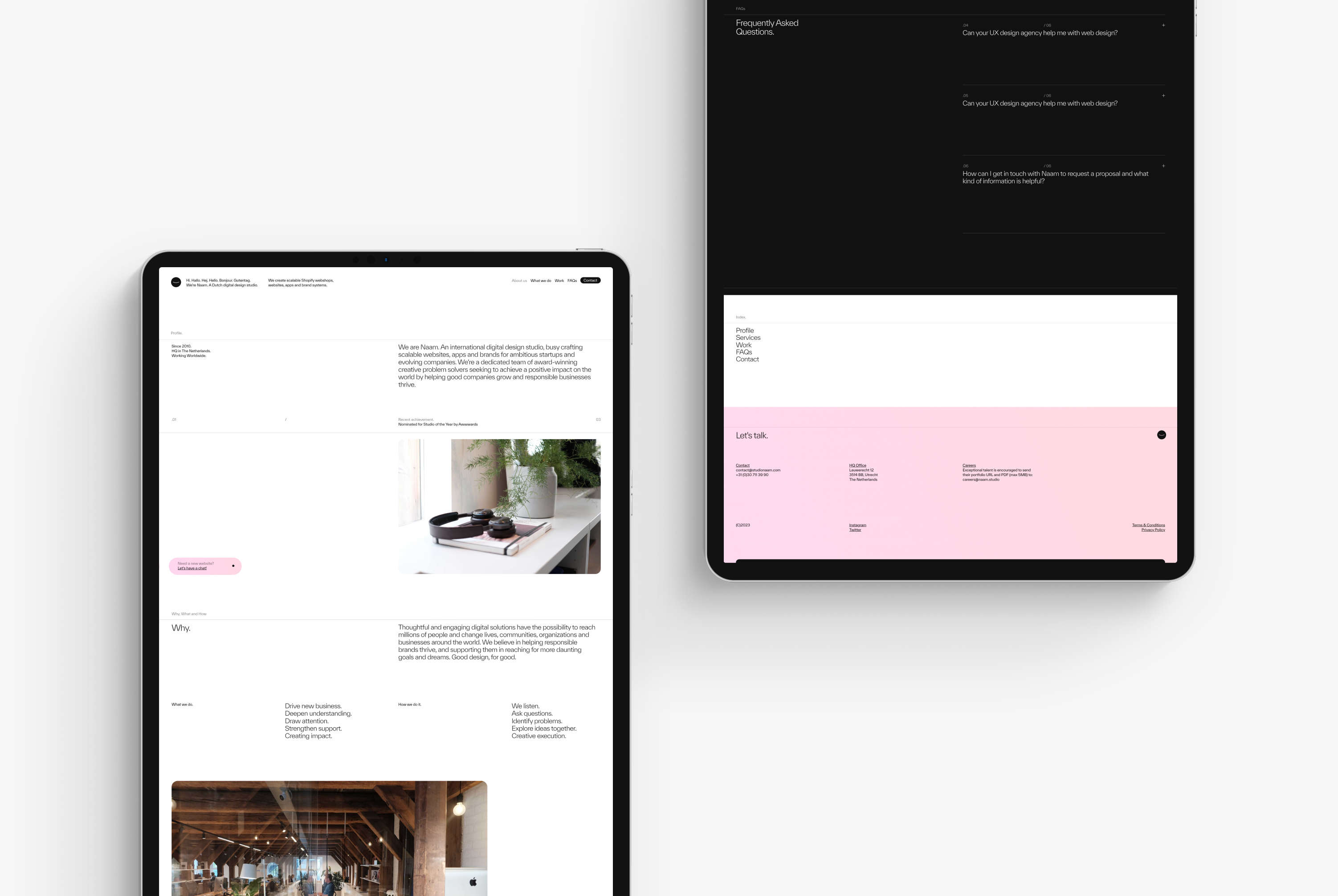 Two tablets on a grey background displaying the About Us page design of the new Naam Agency website